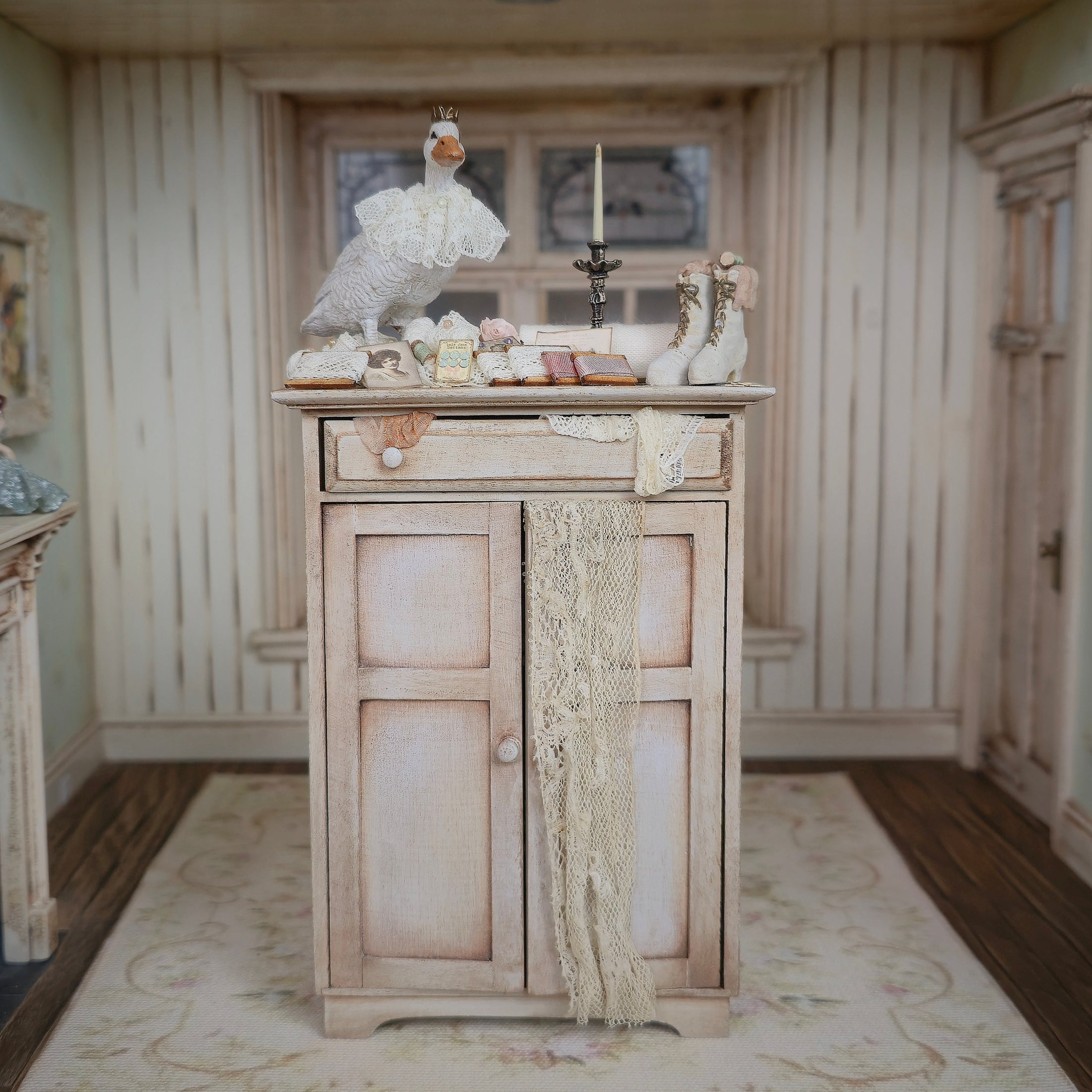 Janny Warnaar OOAK Miniature Cabinet Lace Sewing Vignette 1:12 Scale