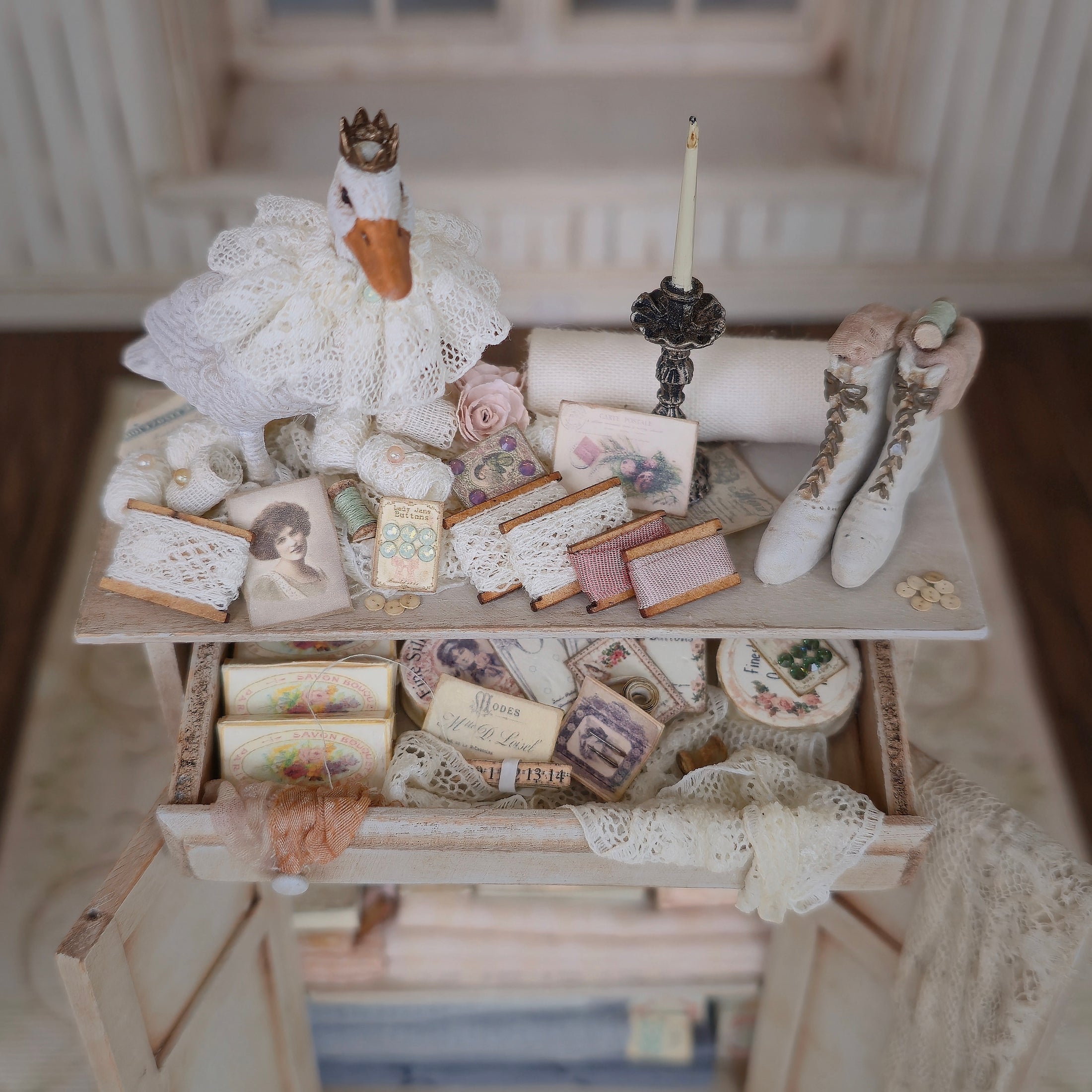 Janny Warnaar OOAK Miniature Cabinet Lace Sewing Vignette 1:12 Scale