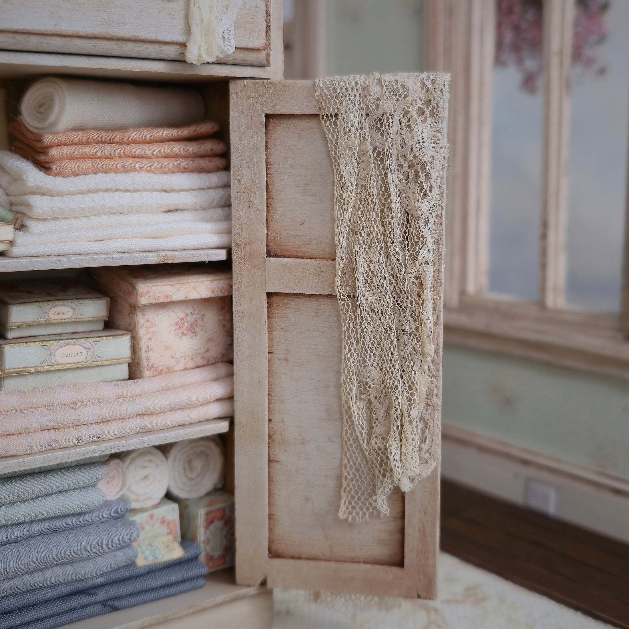 Janny Warnaar OOAK Miniature Cabinet Lace Sewing Vignette 1:12 Scale