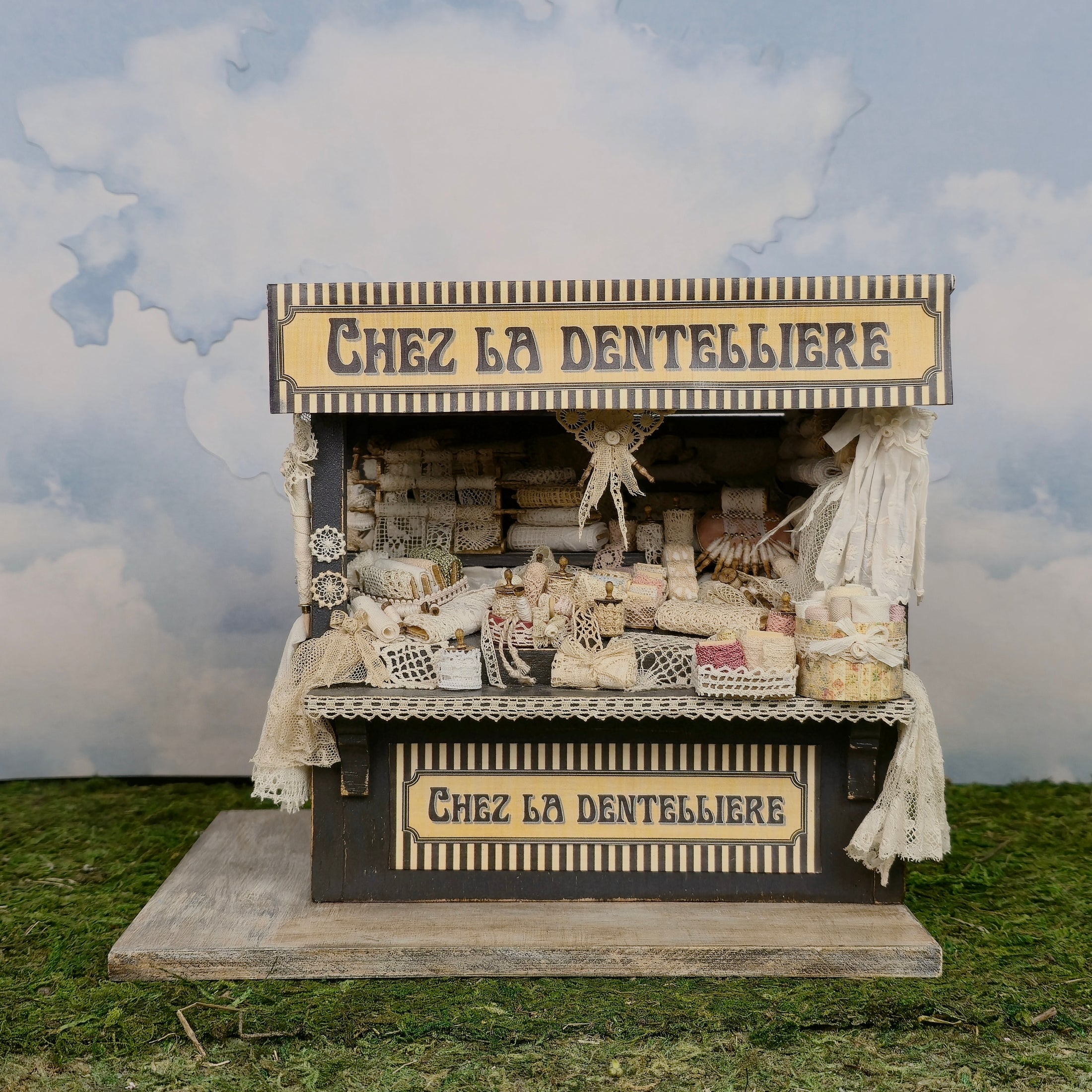 OOAK French Lace Market Stall Diorama Miniature Dollhouse Mercerie