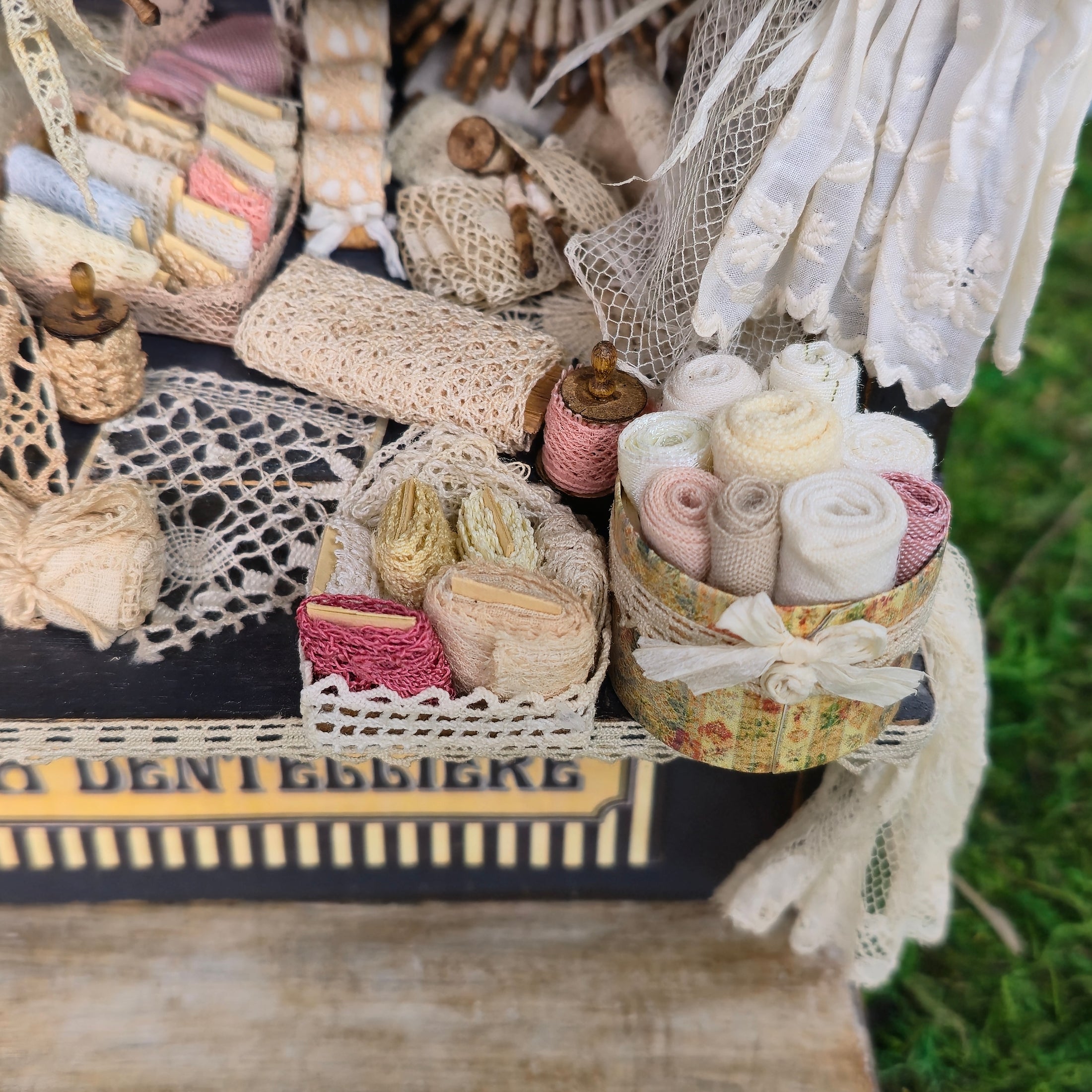 OOAK French Lace Market Stall Diorama Miniature Dollhouse Mercerie