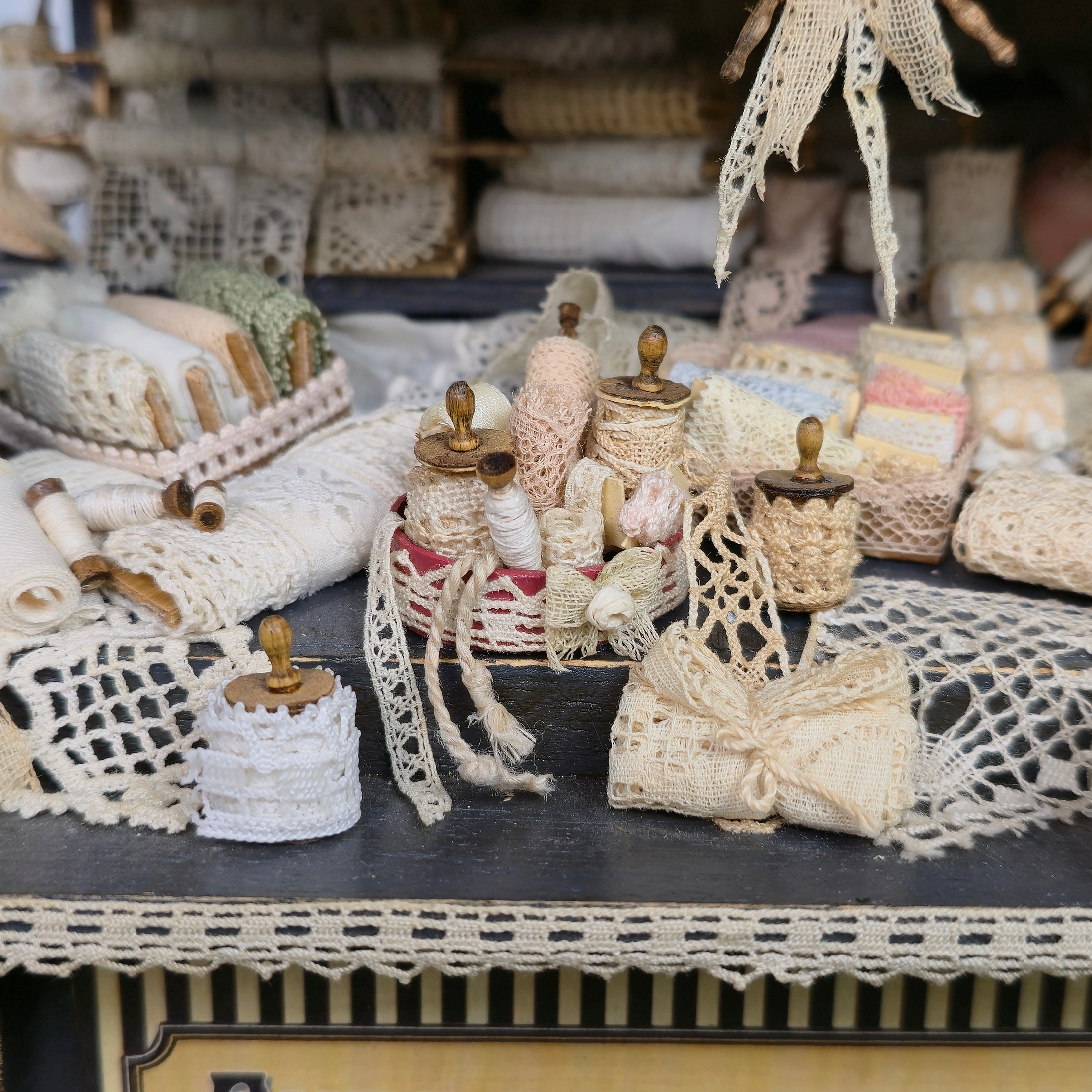 OOAK French Lace Market Stall Diorama Miniature Dollhouse Mercerie