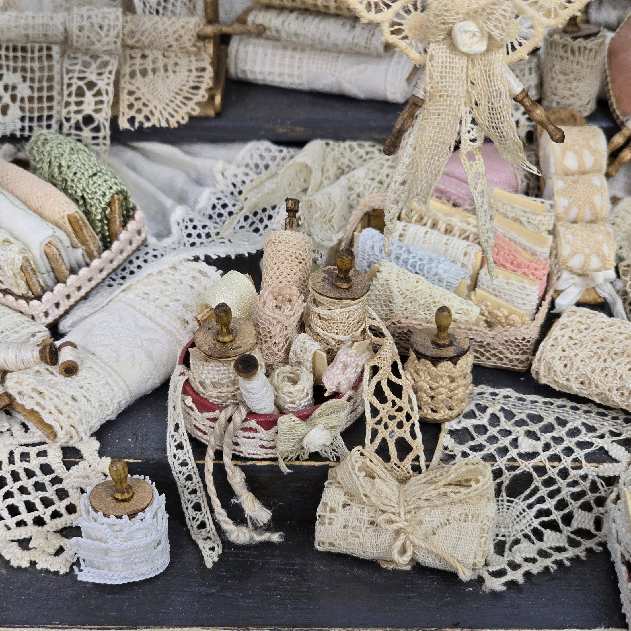 OOAK French Lace Market Stall Diorama Miniature Dollhouse Mercerie