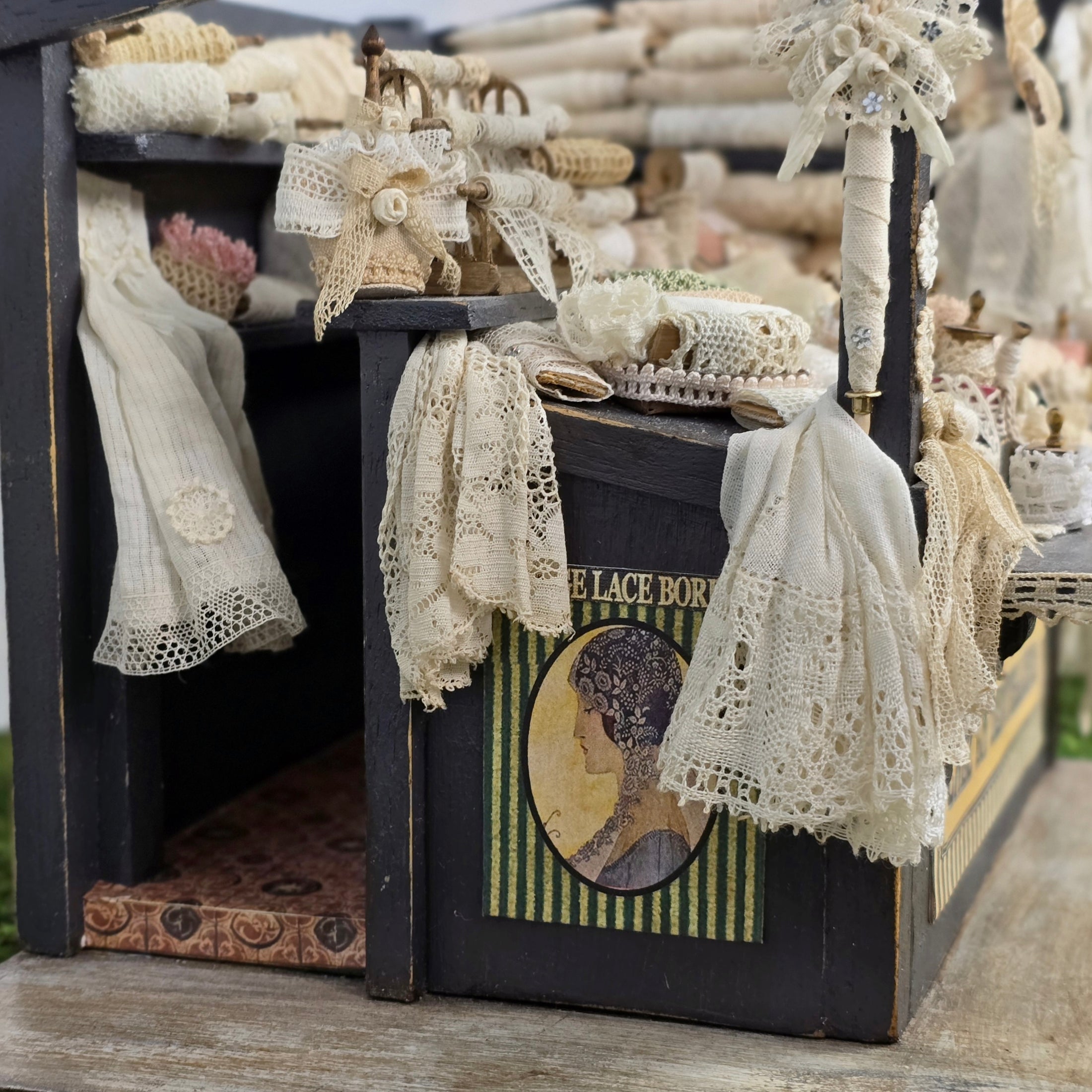 OOAK French Lace Market Stall Diorama Miniature Dollhouse Mercerie