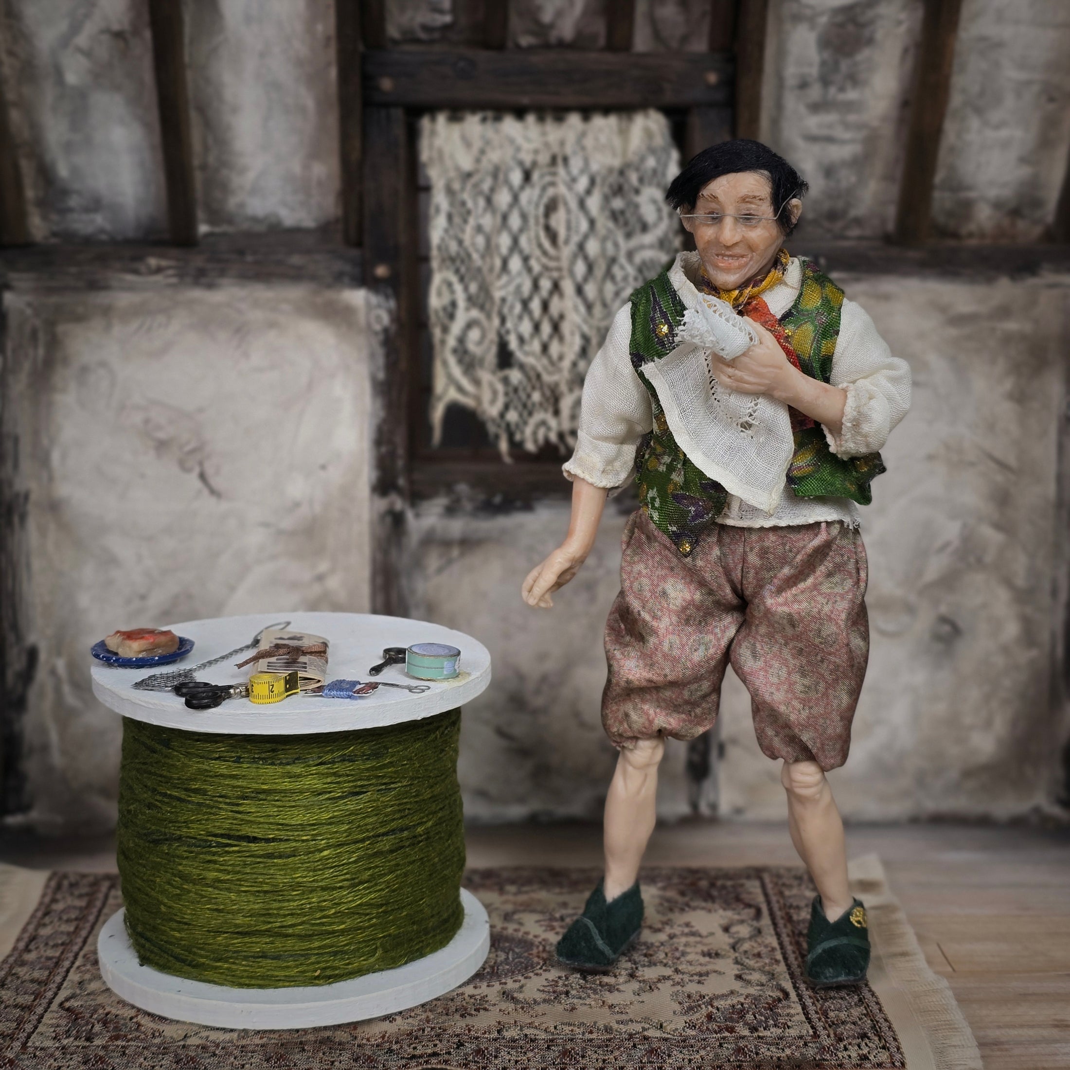 OOAK French Tailor Doll Man Gentleman with Giant Spool Sewing Set
