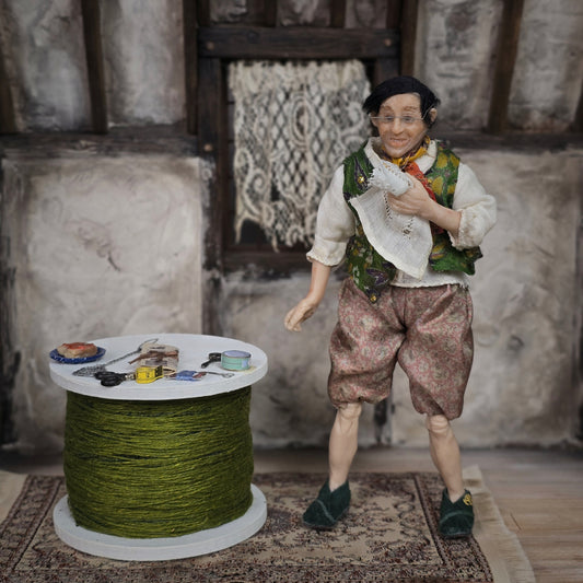 OOAK French Tailor Doll Man Gentleman with Giant Spool Sewing Set