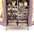 Load image into Gallery viewer, Vintage Artisan Lilac Painted Fabric Armoire Filled with Lace Notions 1:12 Scale
