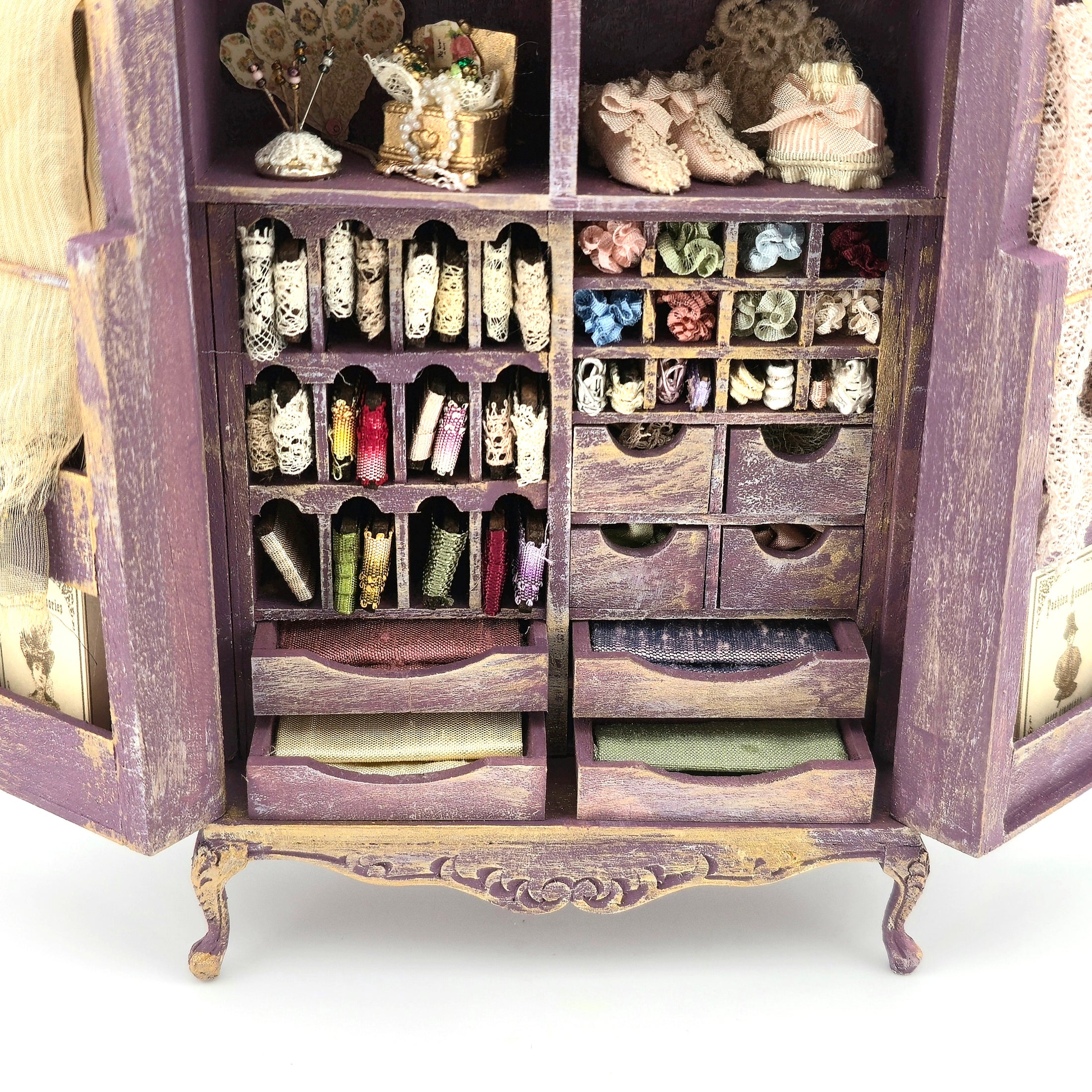Vintage Artisan Lilac Painted Fabric Armoire Filled with Lace Notions 1:12 Scale