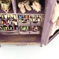 Load image into Gallery viewer, Vintage Artisan Lilac Painted Fabric Armoire Filled with Lace Notions 1:12 Scale
