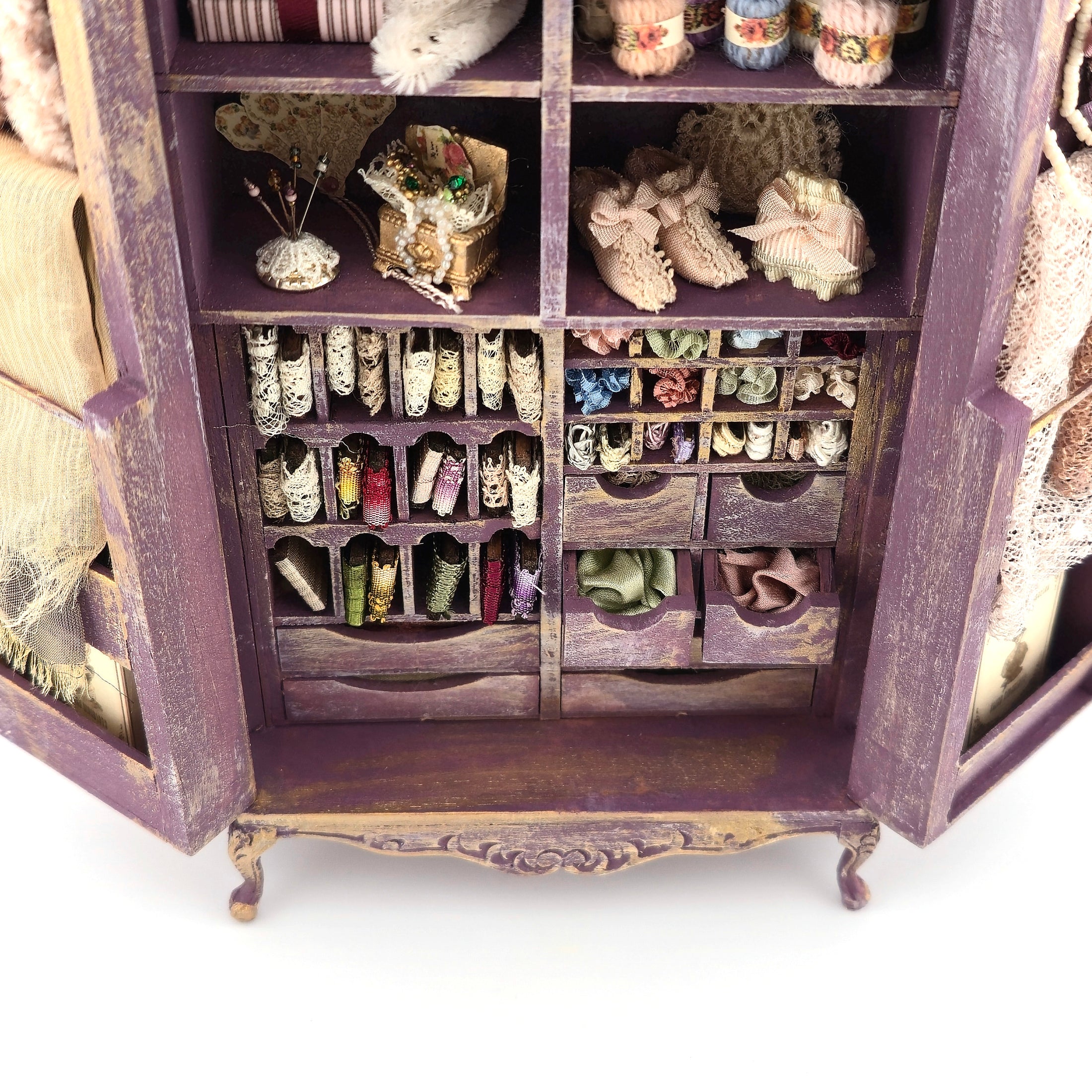 Vintage Artisan Lilac Painted Fabric Armoire Filled with Lace Notions 1:12 Scale