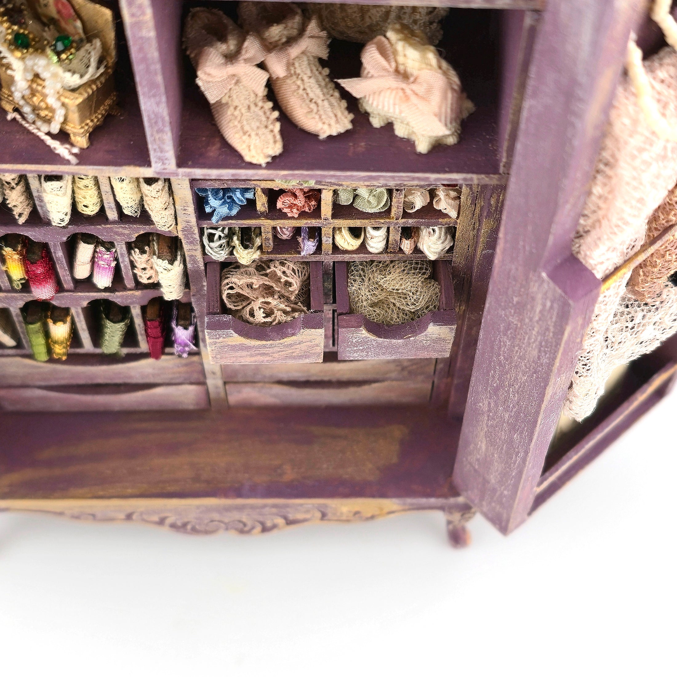 Vintage Artisan Lilac Painted Fabric Armoire Filled with Lace Notions 1:12 Scale