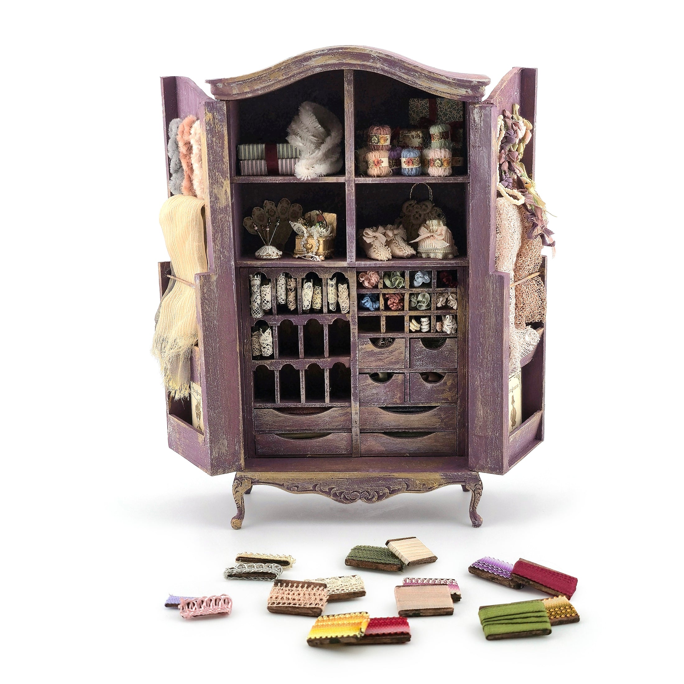 Vintage Artisan Lilac Painted Fabric Armoire Filled with Lace Notions 1:12 Scale