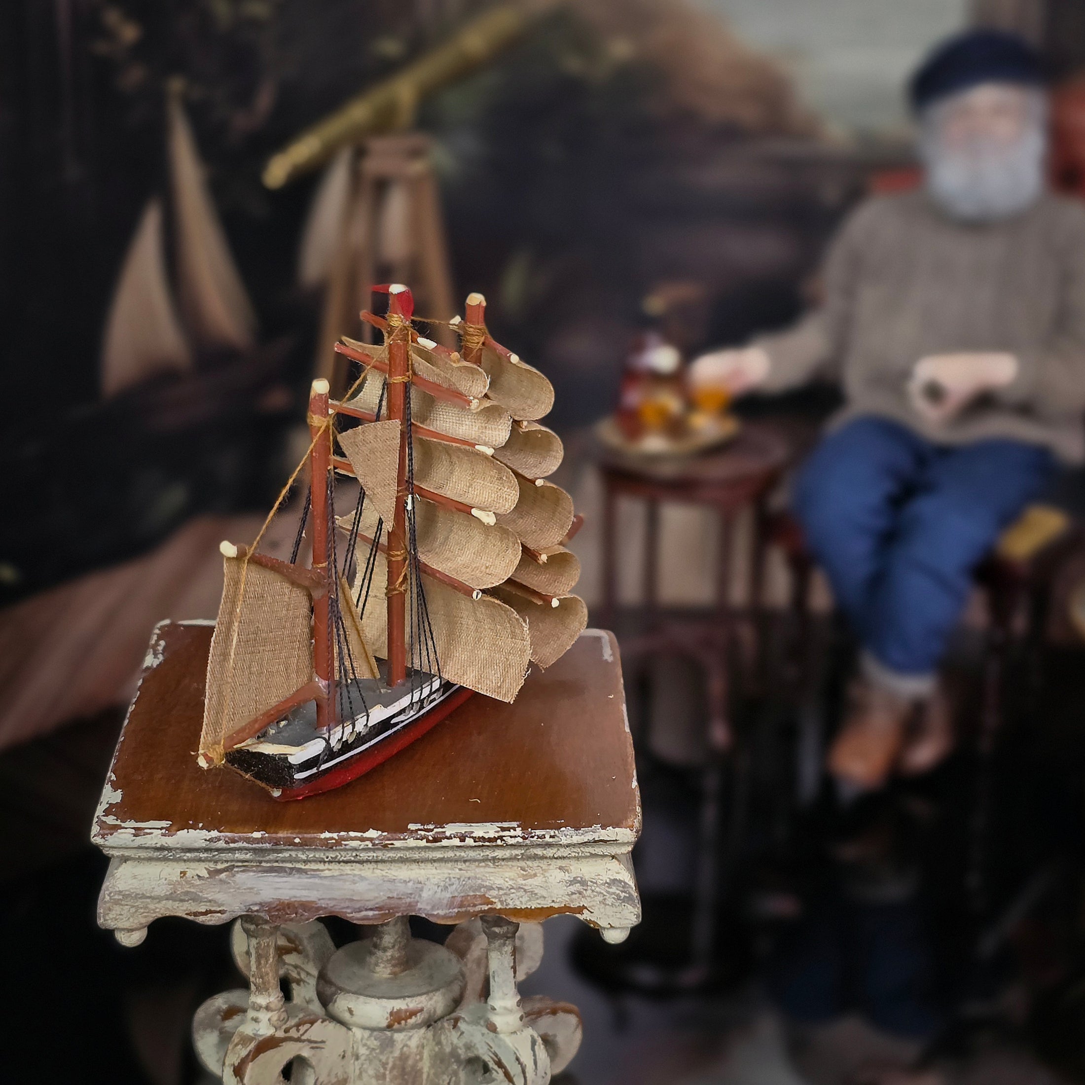 OOAK Hand-Crafted Fanciful Sailing Ship Model with Fabric Sails