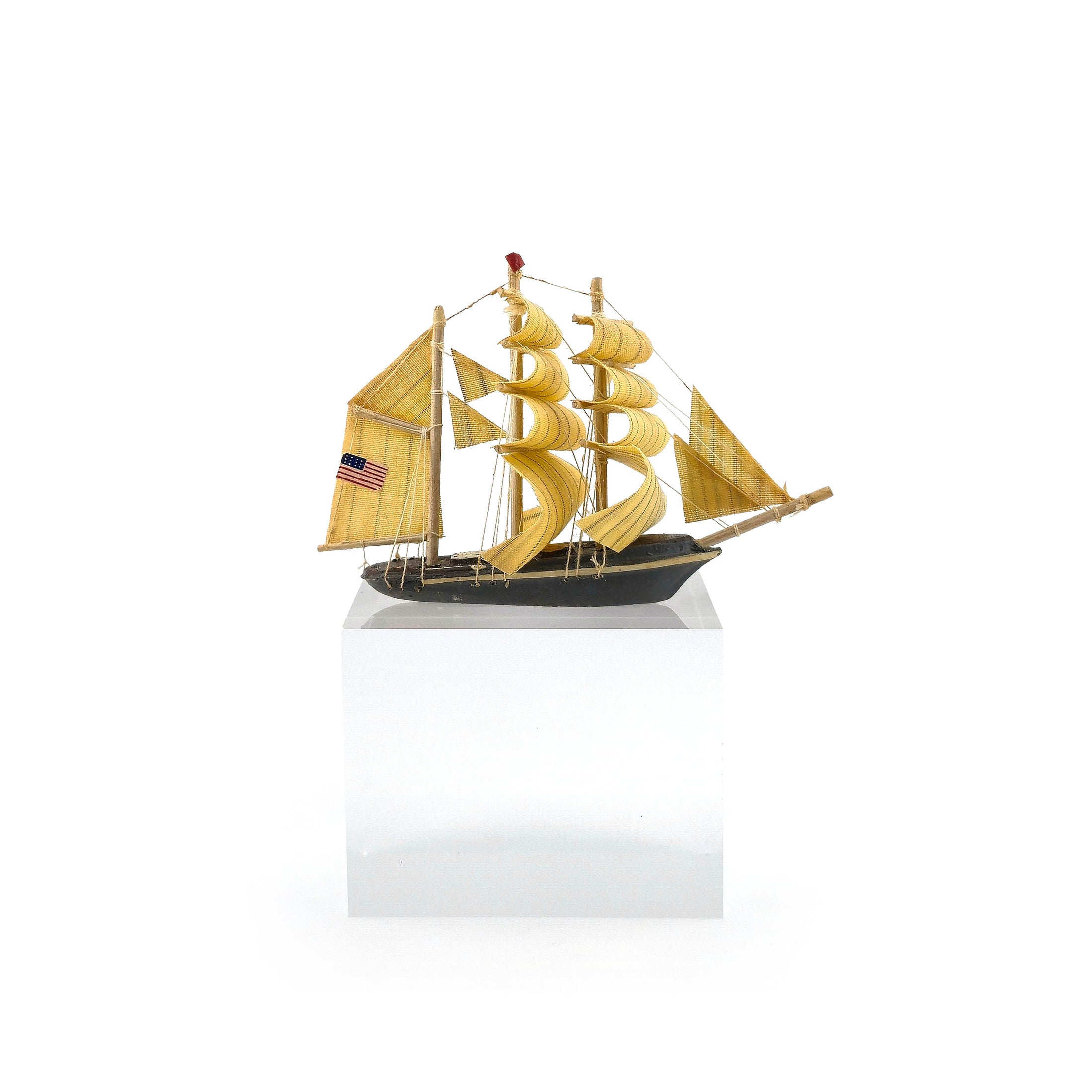 OOAK Hand-Carved American Flag Sailing Ship Model with Fabric Sails
