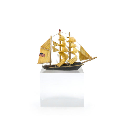 OOAK Hand-Carved American Flag Sailing Ship Model with Fabric Sails