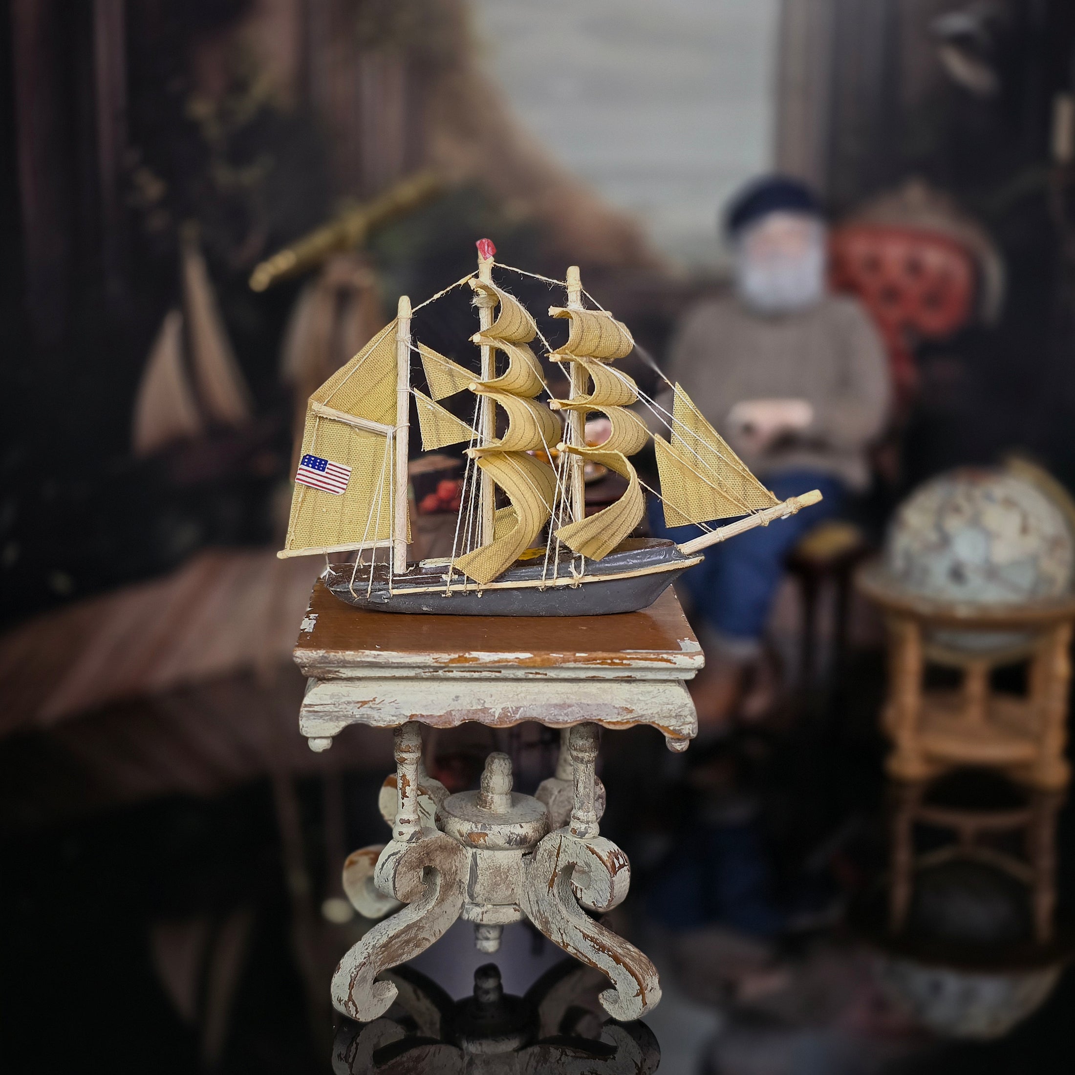OOAK Hand-Carved American Flag Sailing Ship Model with Fabric Sails