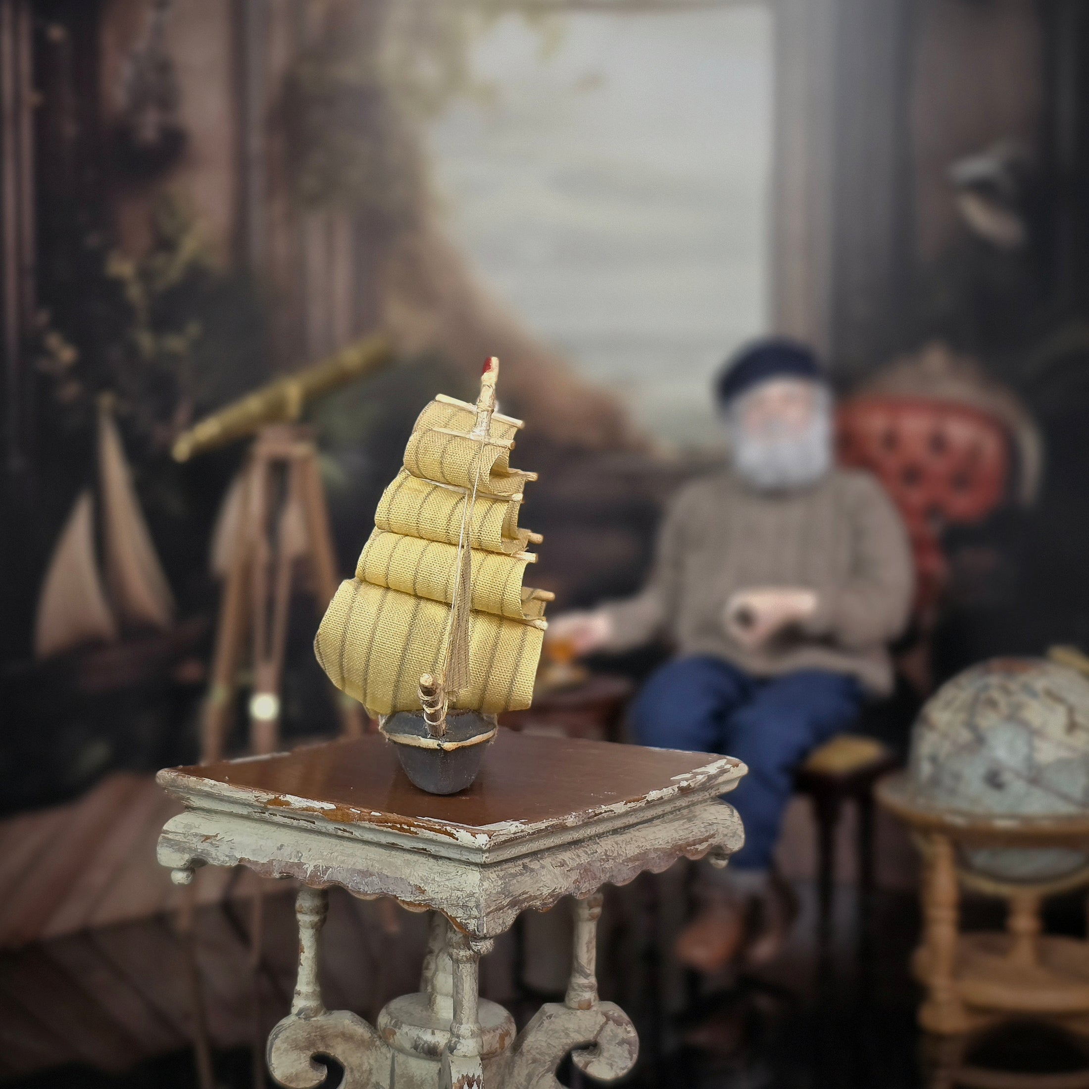 OOAK Hand-Carved American Flag Sailing Ship Model with Fabric Sails