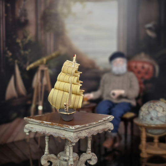 OOAK Hand-Carved American Flag Sailing Ship Model with Fabric Sails