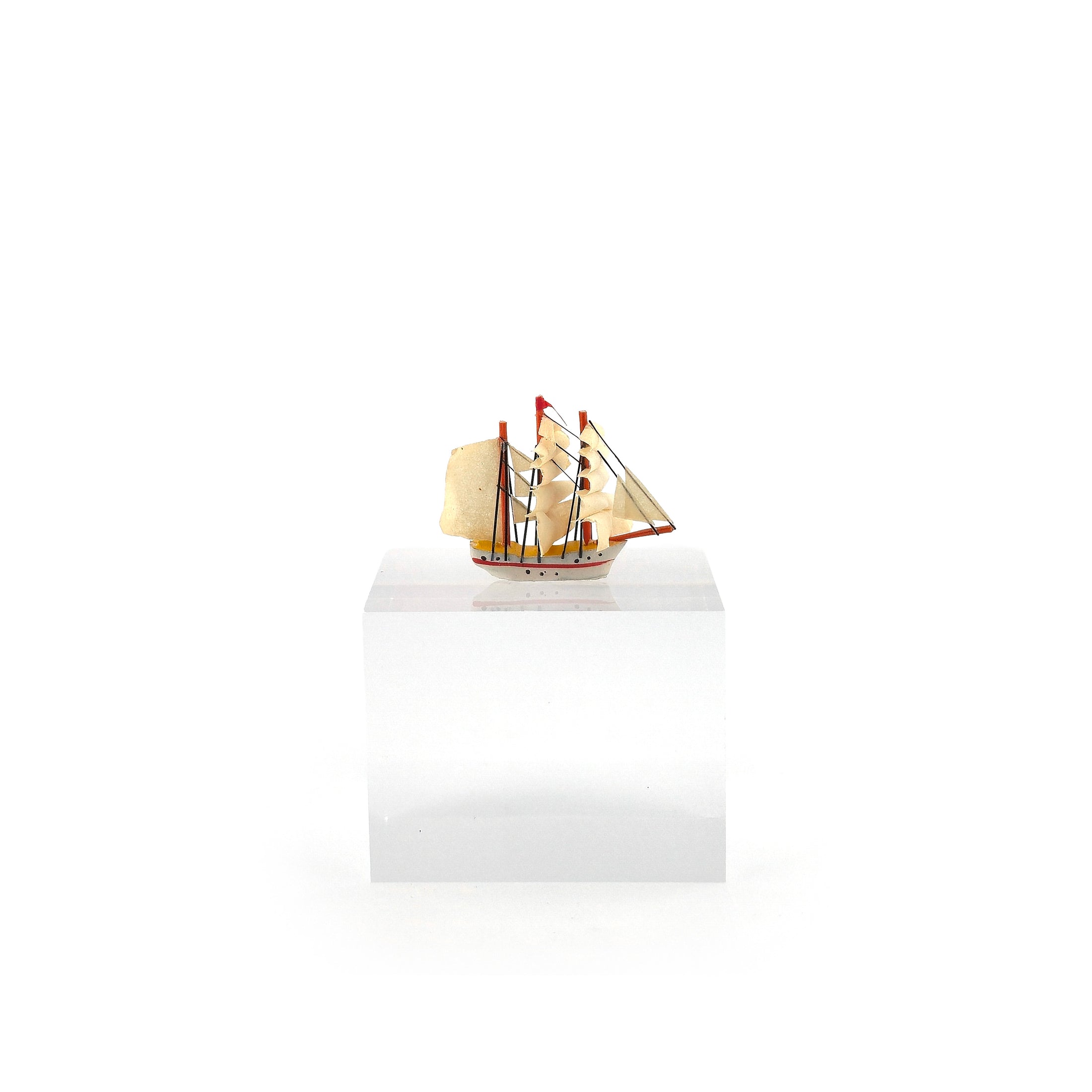 OOAK Hand-Carved Miniature Sailing Ship with Paper Sails
