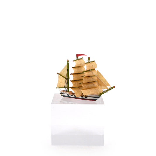 Vintage Artisan Hand-Carved Tall Sailing Ship Miniature with Fabric Sails