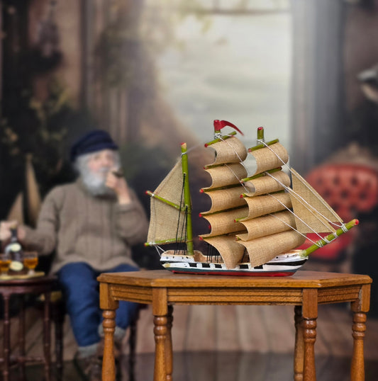 Vintage Artisan Hand-Carved Tall Sailing Ship Miniature with Fabric Sails
