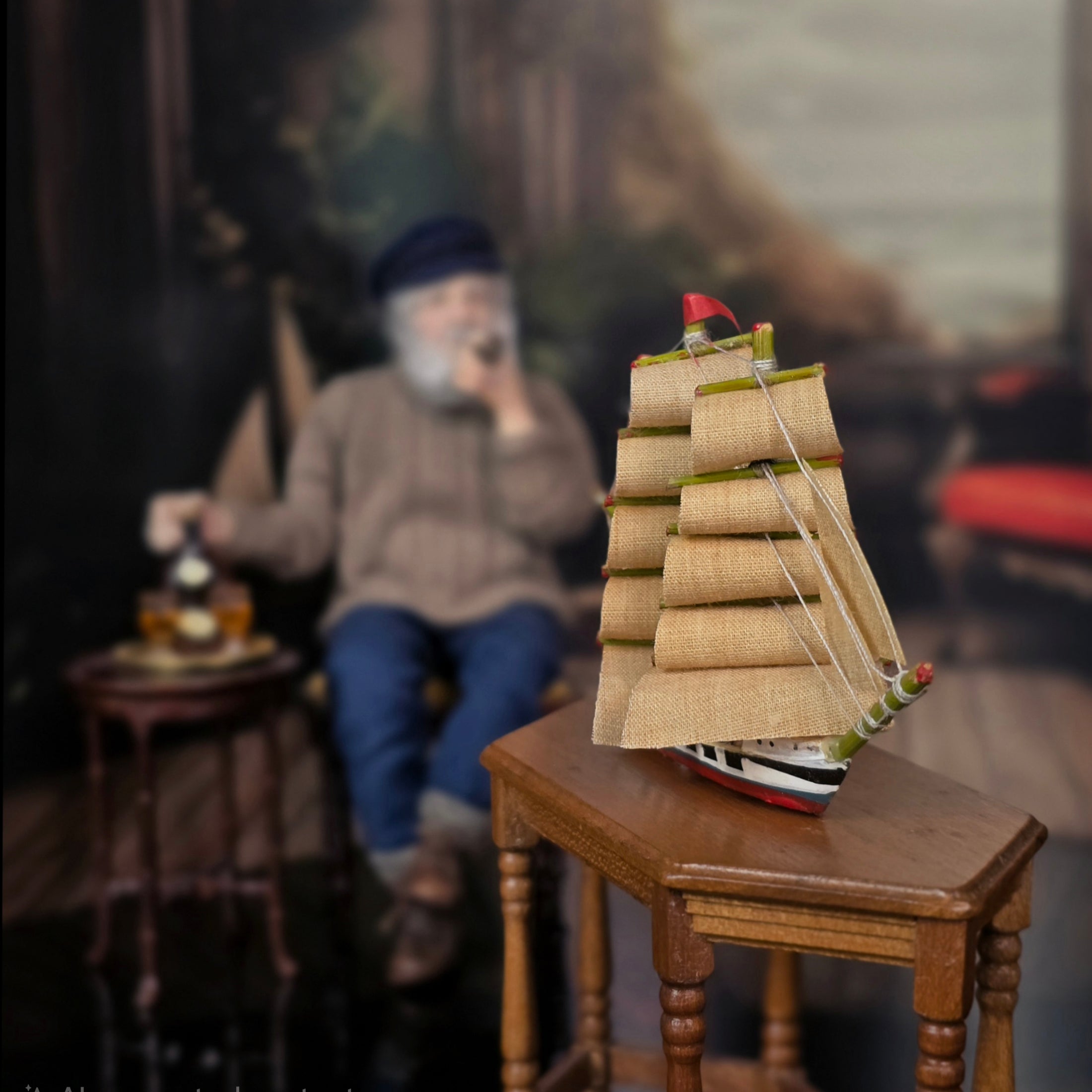 Vintage Artisan Hand-Carved Tall Sailing Ship Miniature with Fabric Sails