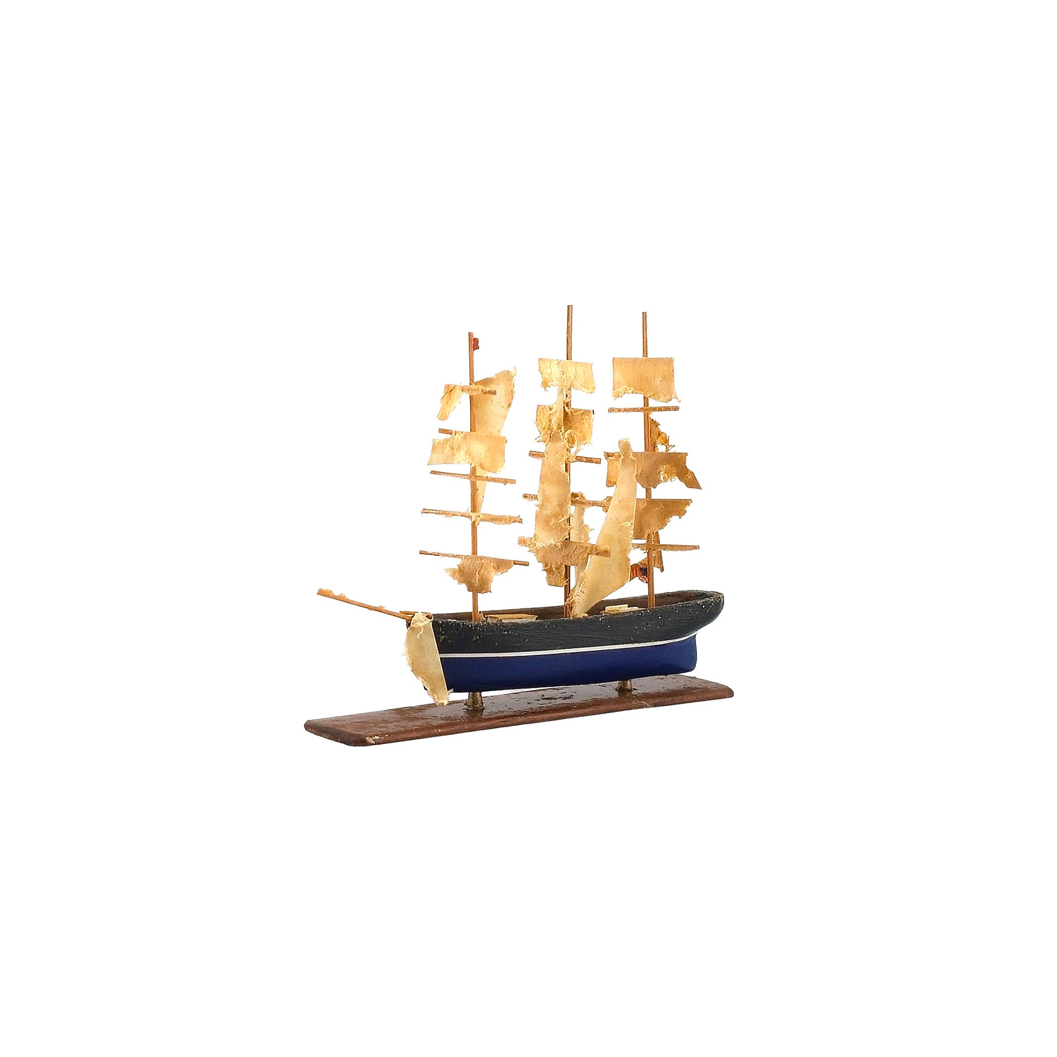 Signed Storm-Worn Sailing Ship Miniature with Distressed Sails