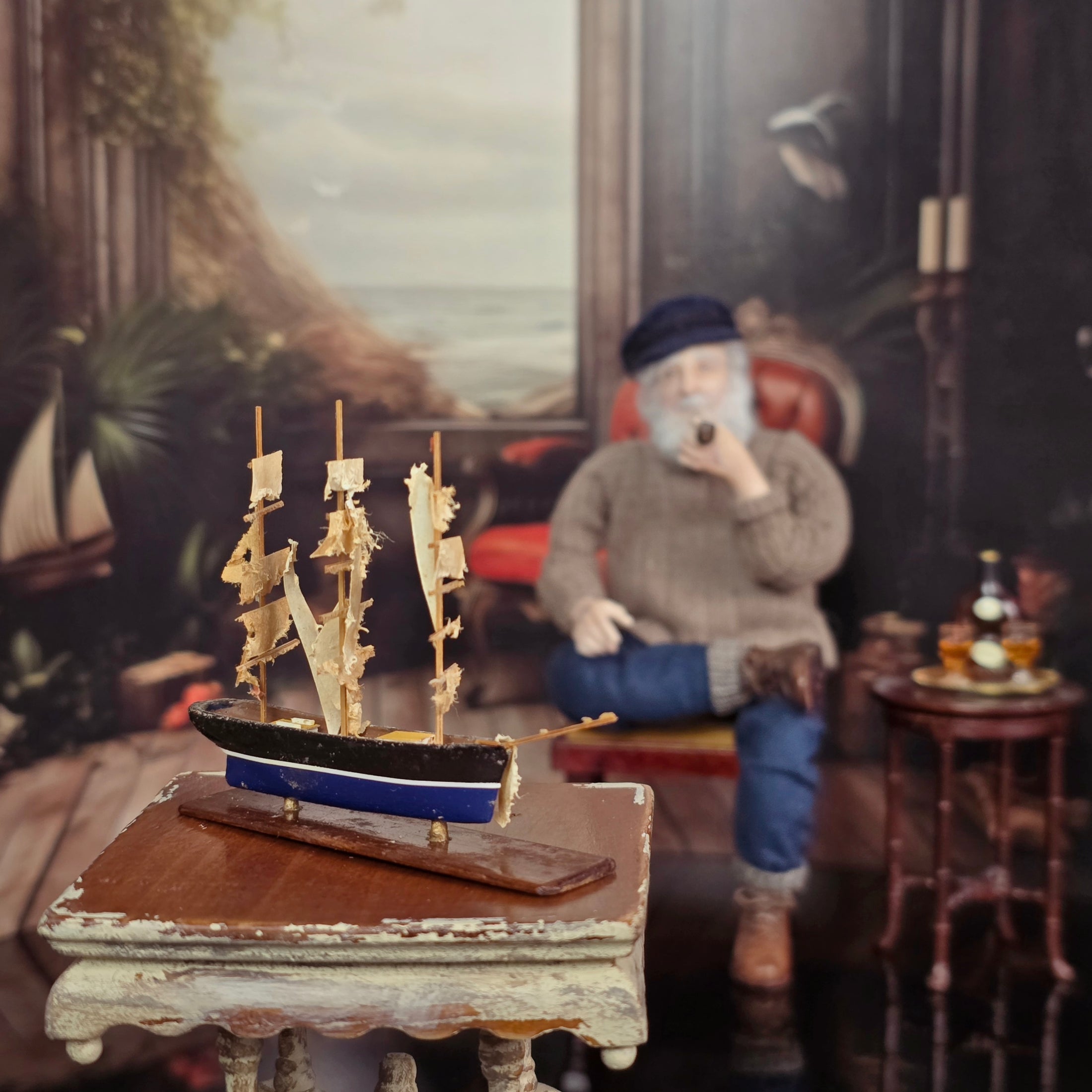 Signed Storm-Worn Sailing Ship Miniature with Distressed Sails
