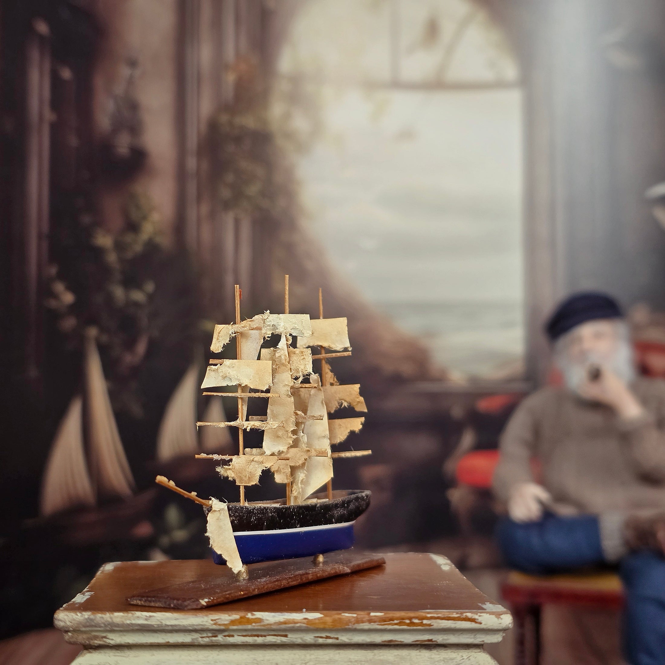 Signed Storm-Worn Sailing Ship Miniature with Distressed Sails