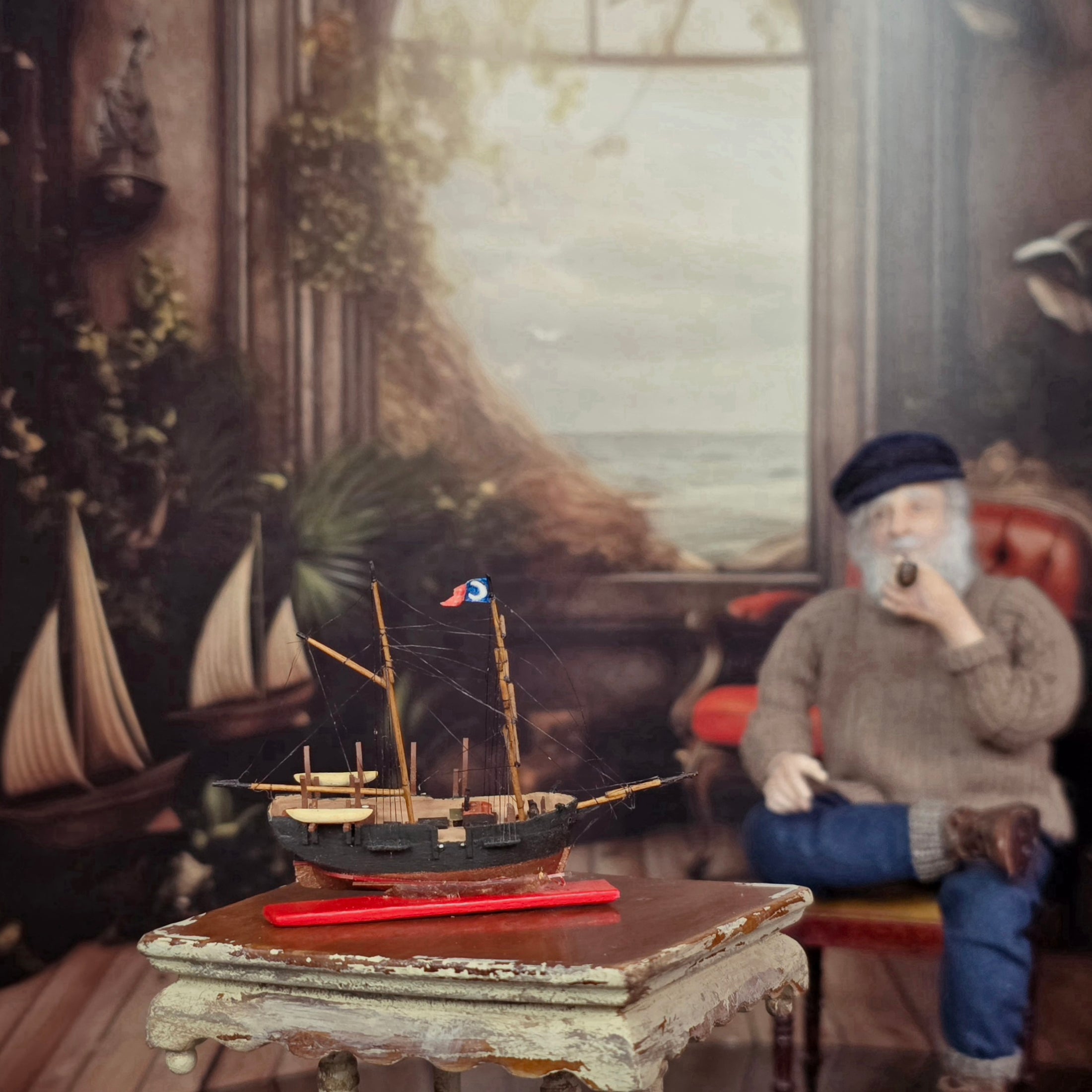 Aspen Hand-Carved Maritime Ship Miniature with Intricate Rigging