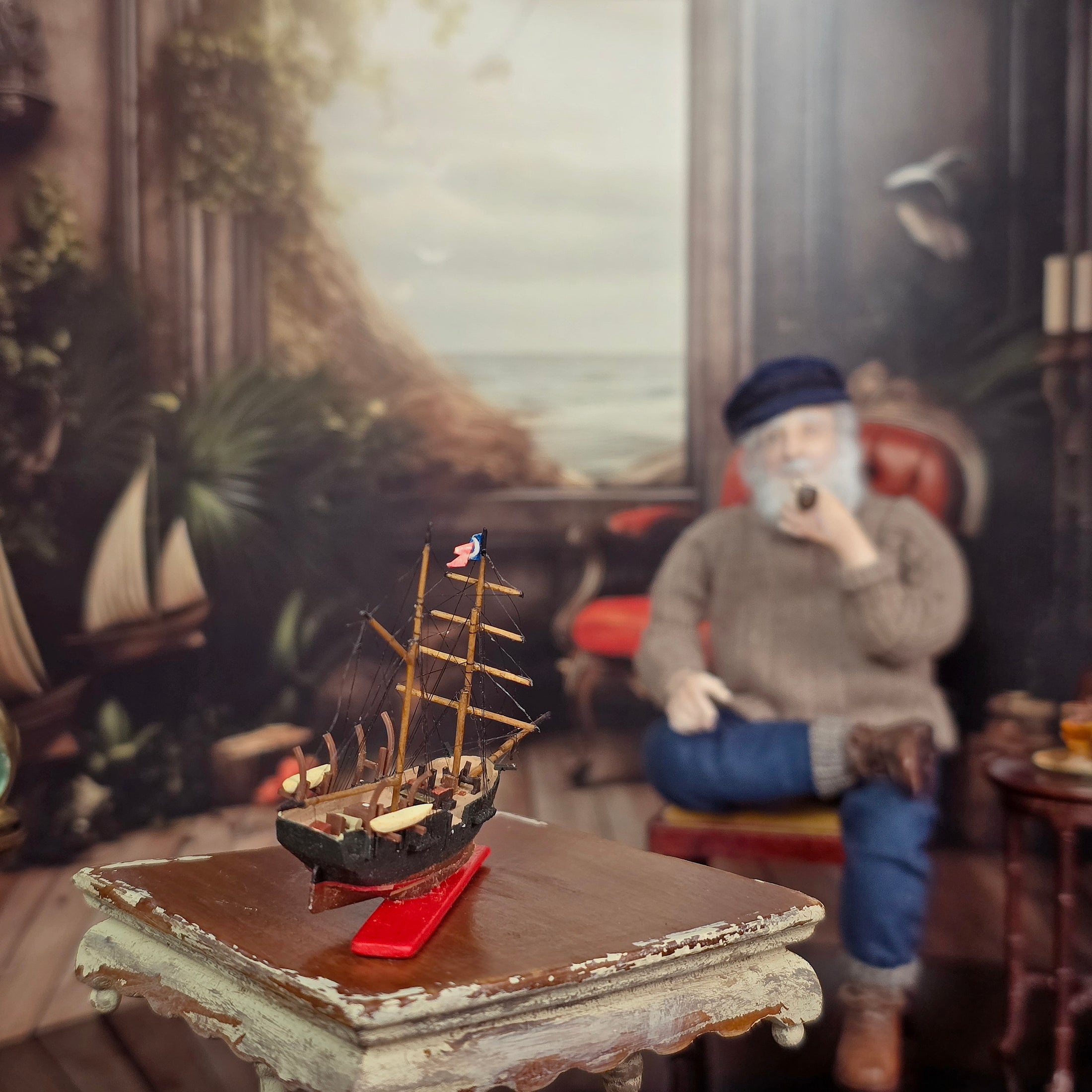 Aspen Hand-Carved Maritime Ship Miniature with Intricate Rigging