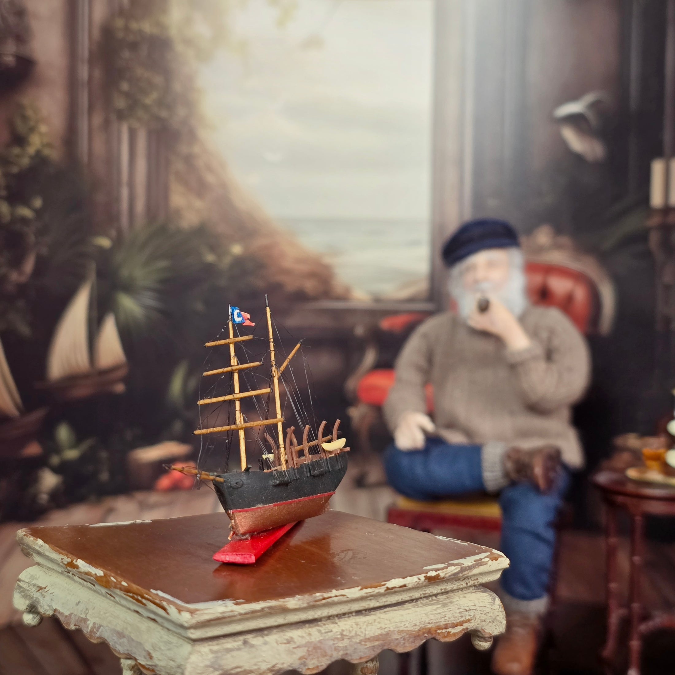 Aspen Hand-Carved Maritime Ship Miniature with Intricate Rigging