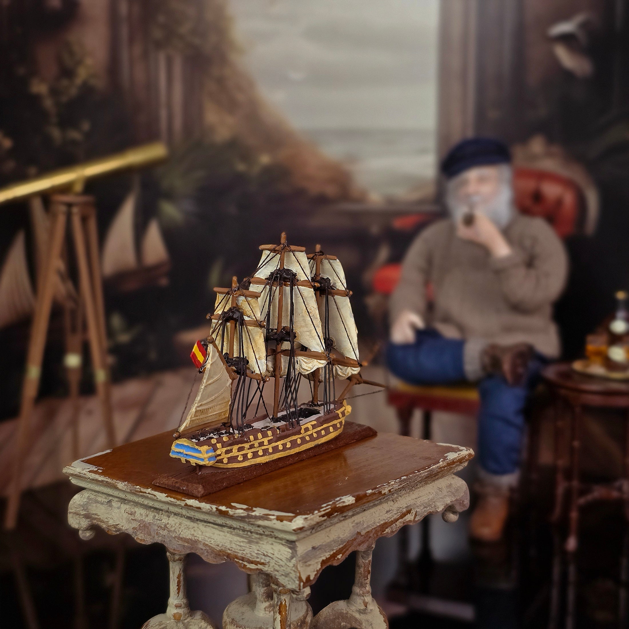 Tony Posada Hand-Sculpted Clay Galleon Miniature Maritime Ship, 1982