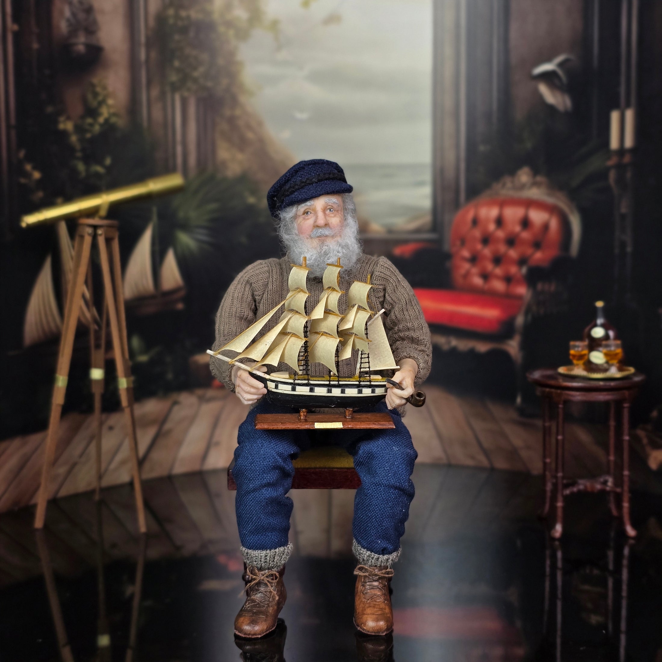 Bud Gillick Hand-Carved Painted Tall Ship Miniature Black & Cream