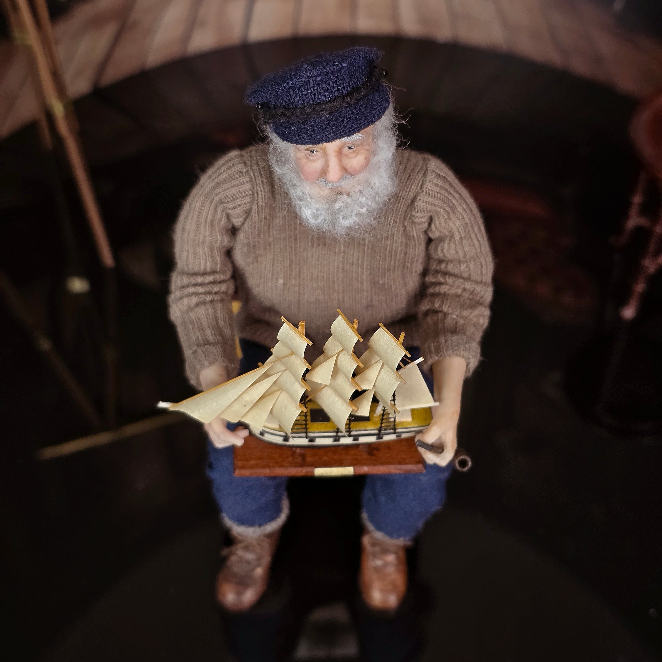 Bud Gillick Hand-Carved Painted Tall Ship Miniature Black & Cream