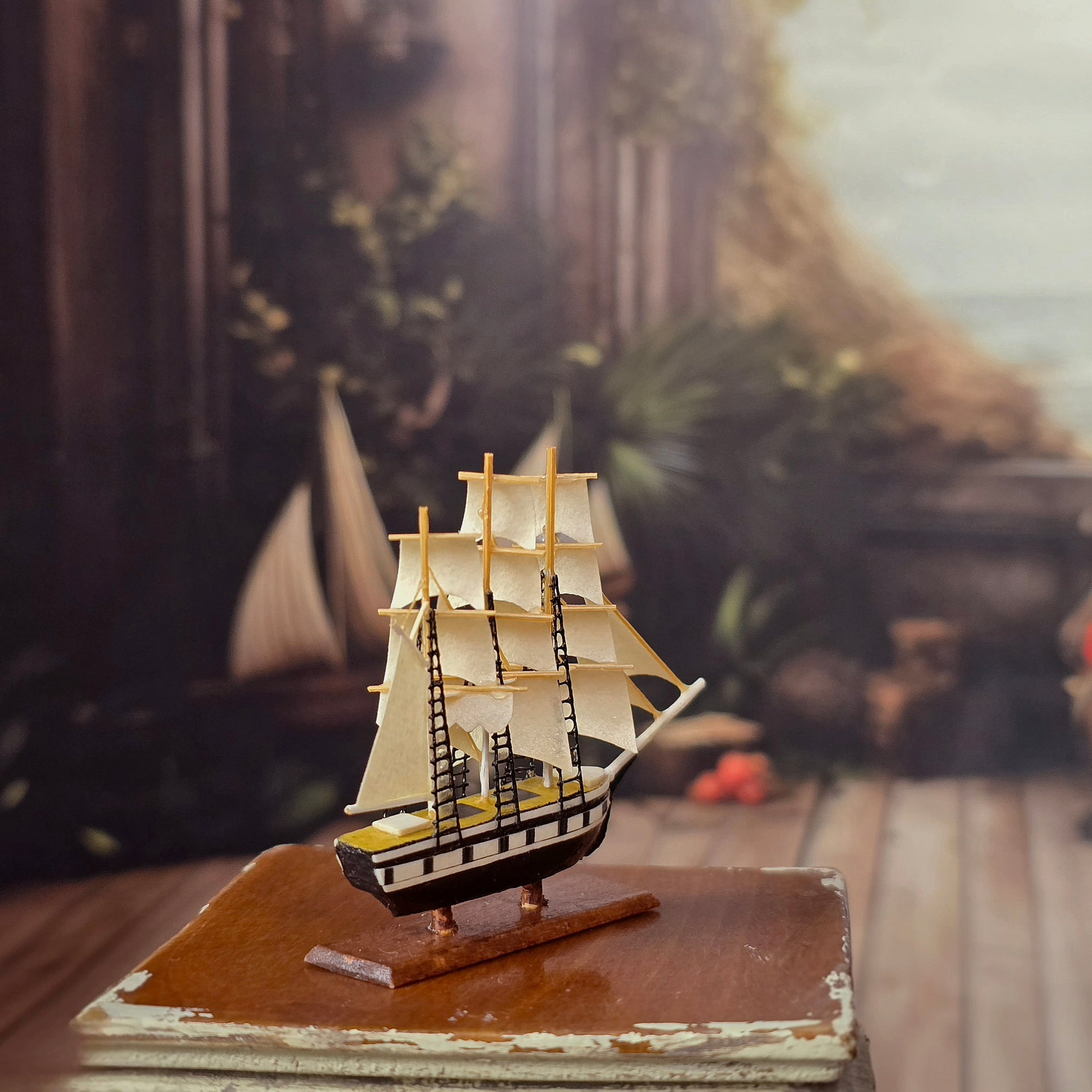 Bud Gillick Hand-Carved Painted Tall Ship Miniature Black & Cream