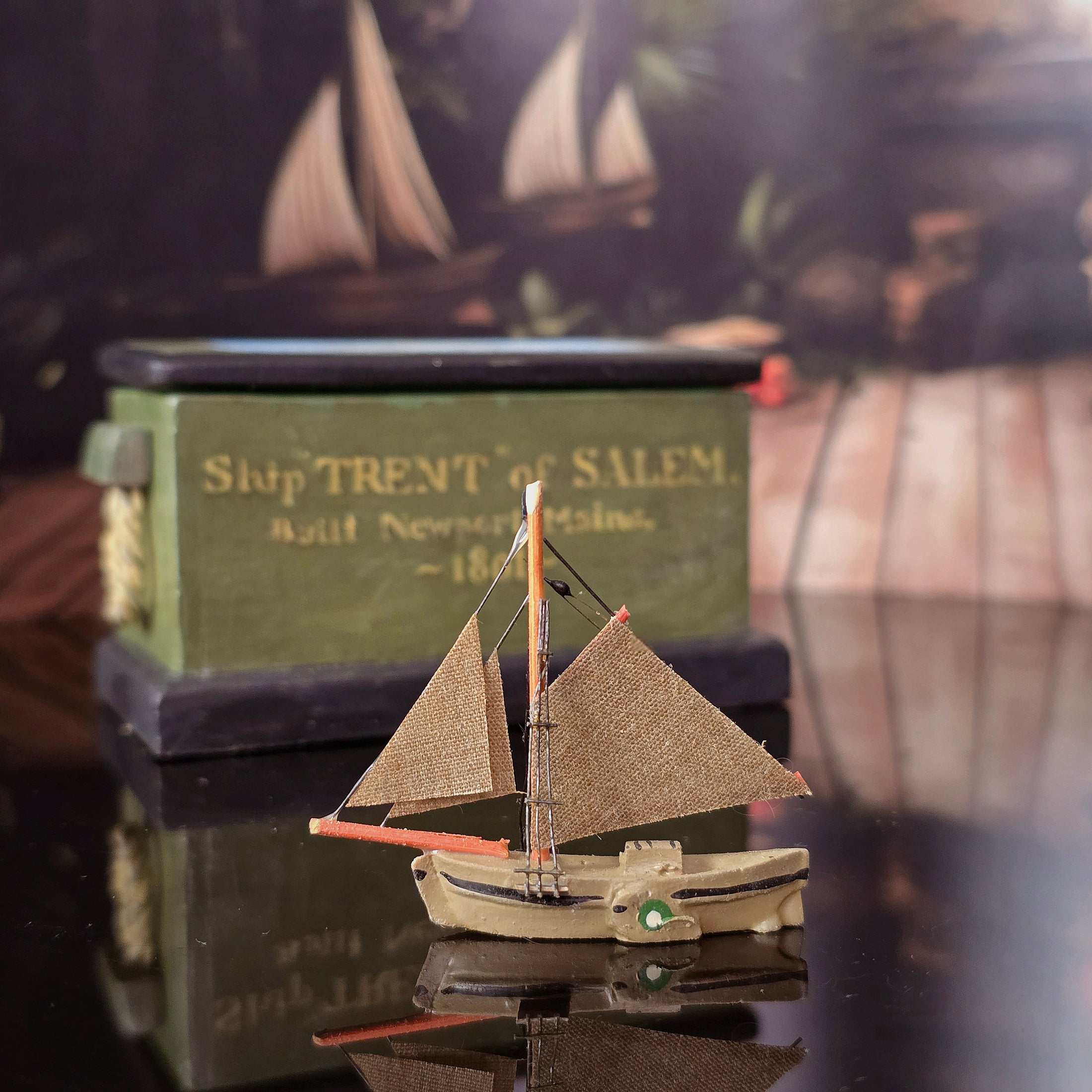 Unsigned Artisan Clay & Fabric Coastal Sailing Ship Miniature