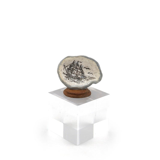 Miniature Scrimshaw-Style Oyster Shell Sailing Ship Sculpture by M. Stockton
