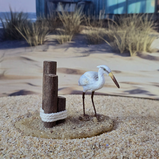 Miniature Coastal Heron Shoreline Vignette with Dock Pilings OOAK