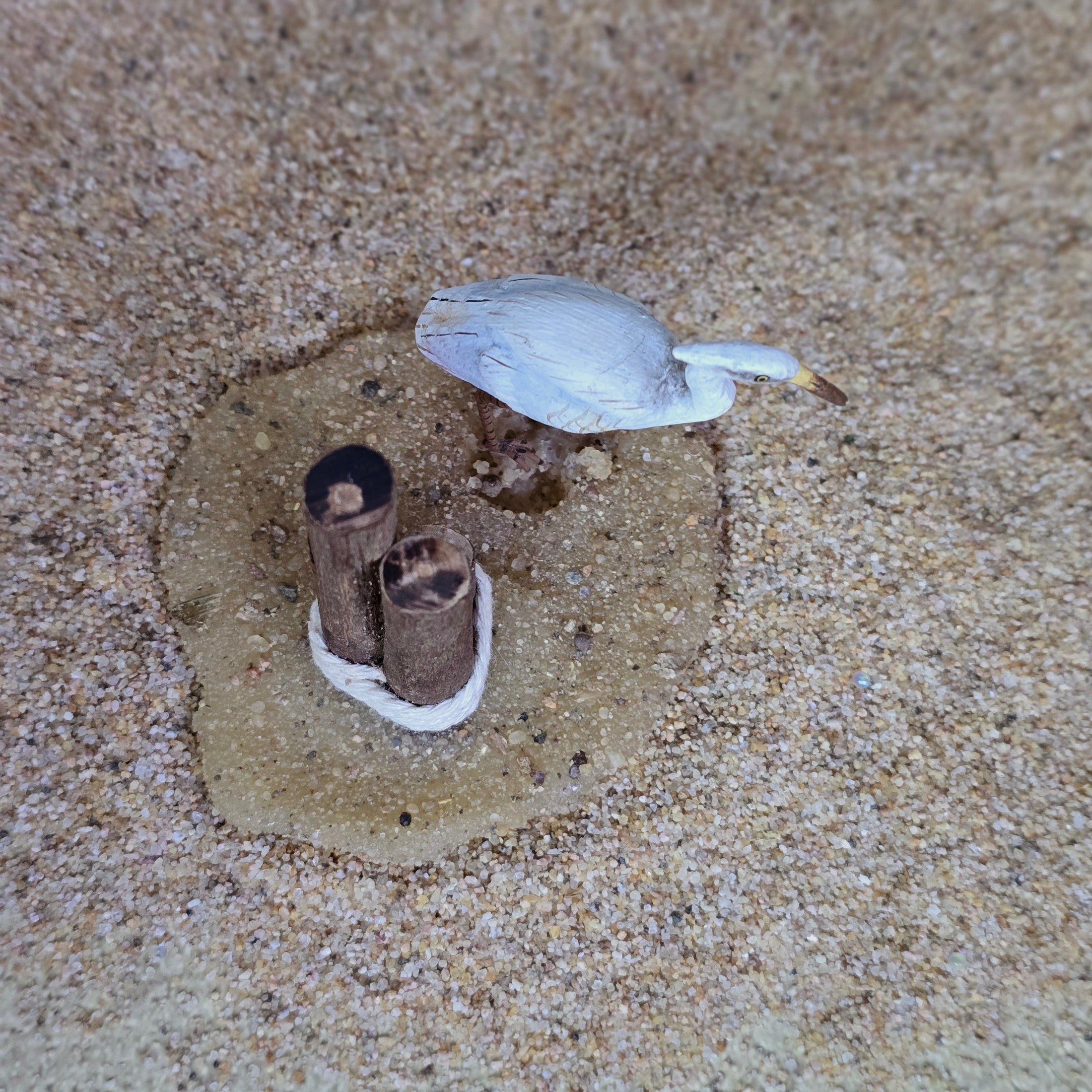 Miniature Coastal Heron Shoreline Vignette with Dock Pilings OOAK