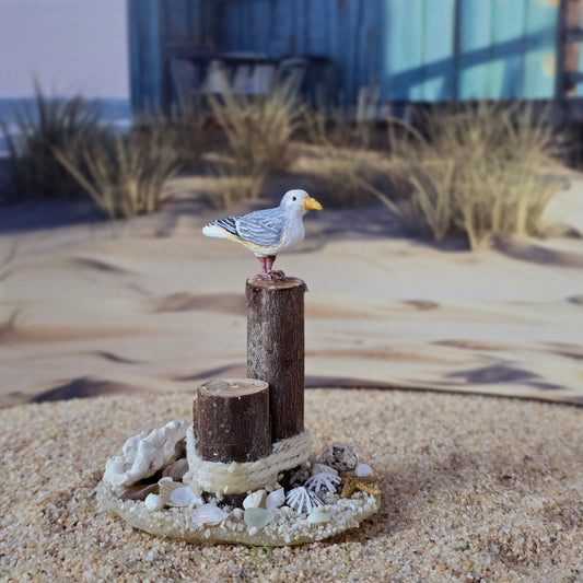 Miniature Seagull Dock Pilings Coastal Beach Vignette with Seashells OOAK