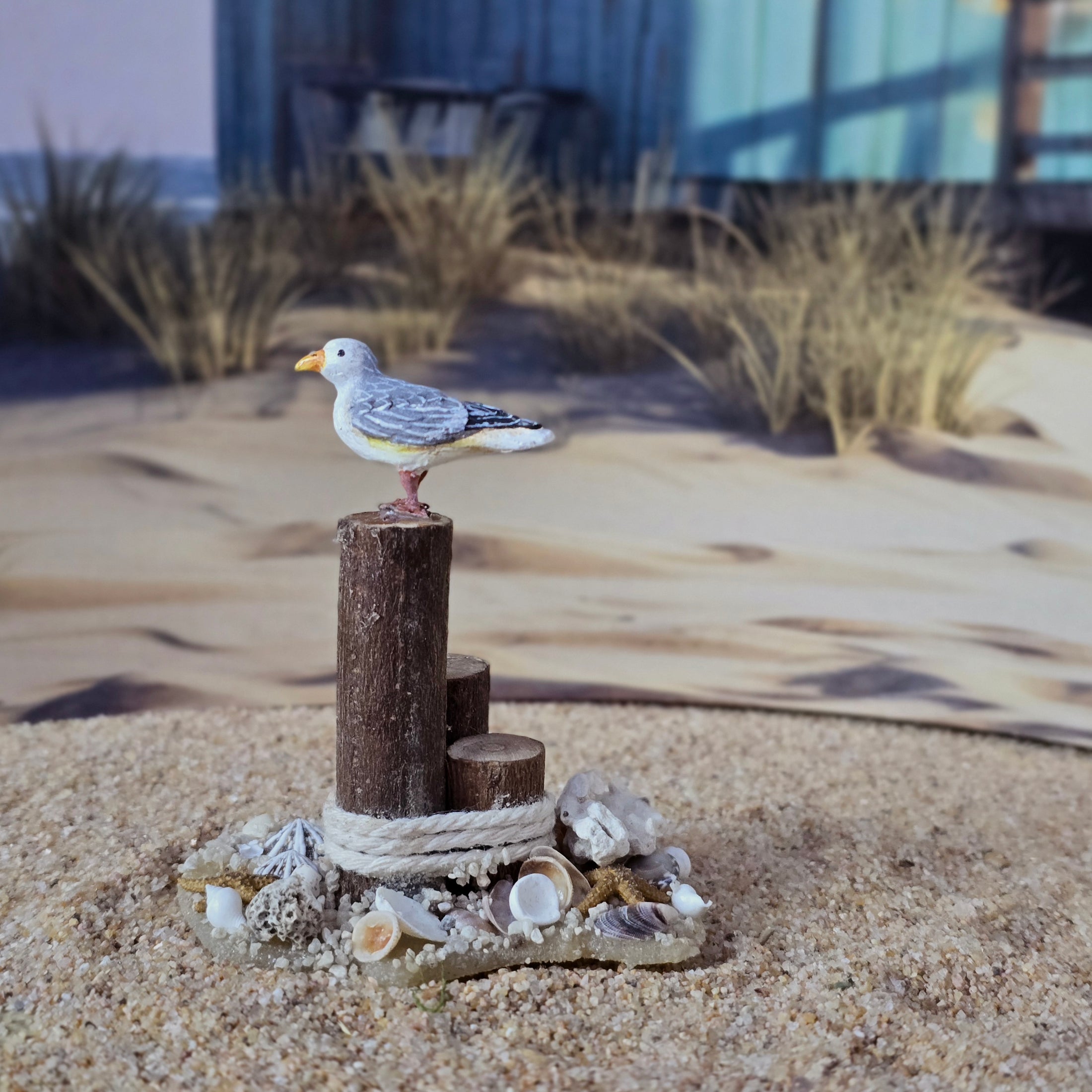 Miniature Seagull Dock Pilings Coastal Beach Vignette with Seashells OOAK