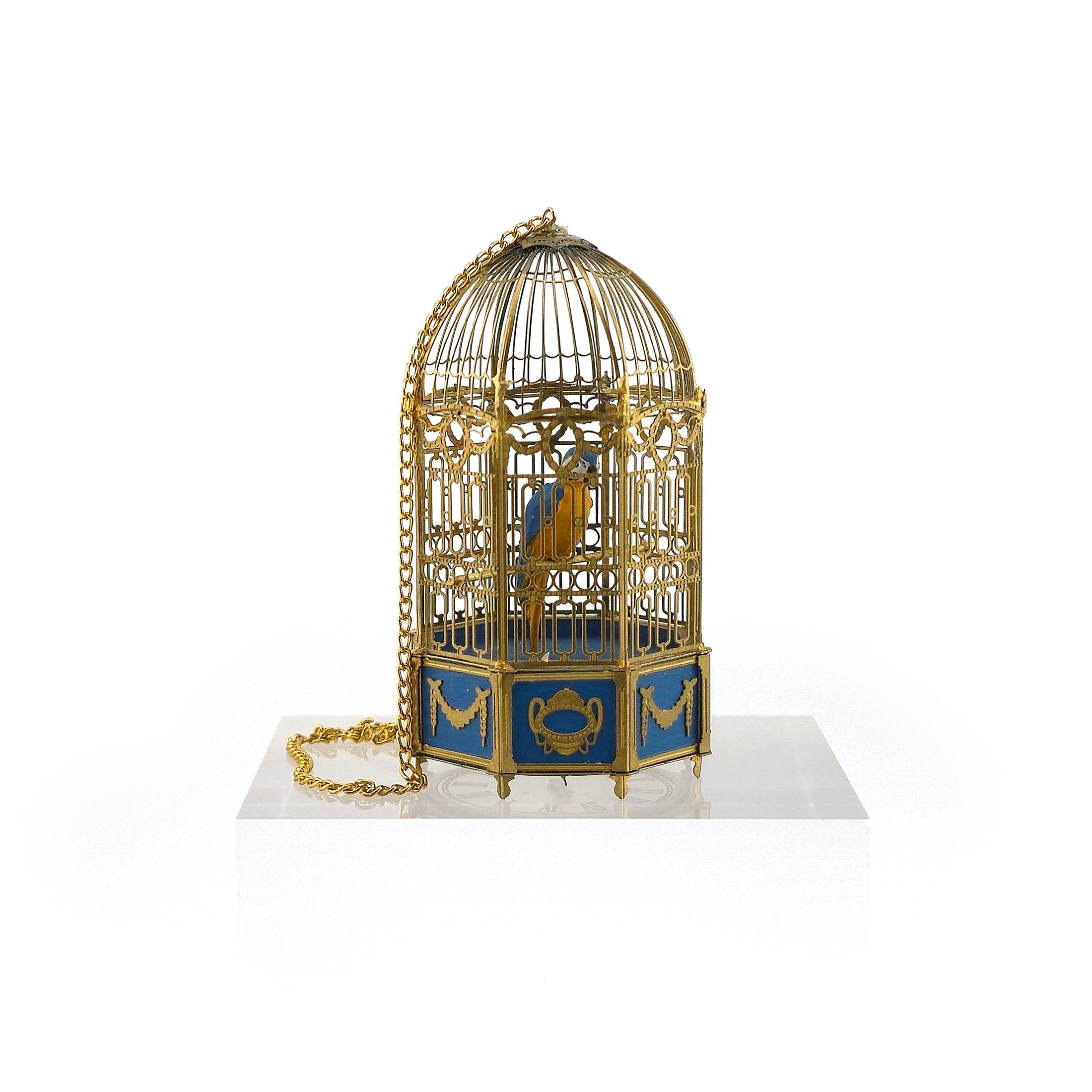 Keith Bougourd Blue & Gold French Bird Cage Clock with Parrot, Small Time Miniatures