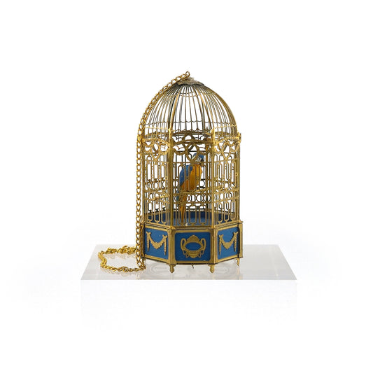 Keith Bougourd Blue & Gold French Bird Cage Clock with Parrot, Small Time Miniatures
