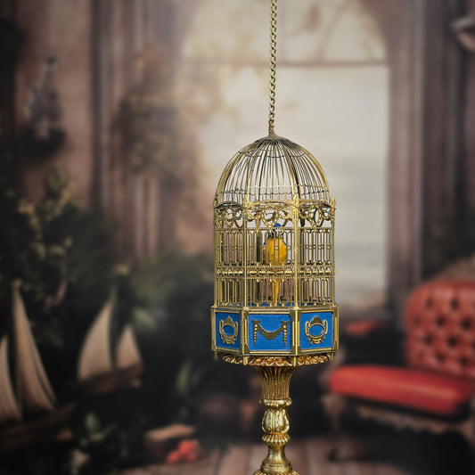 Keith Bougourd Blue & Gold French Bird Cage Clock with Parrot, Small Time Miniatures