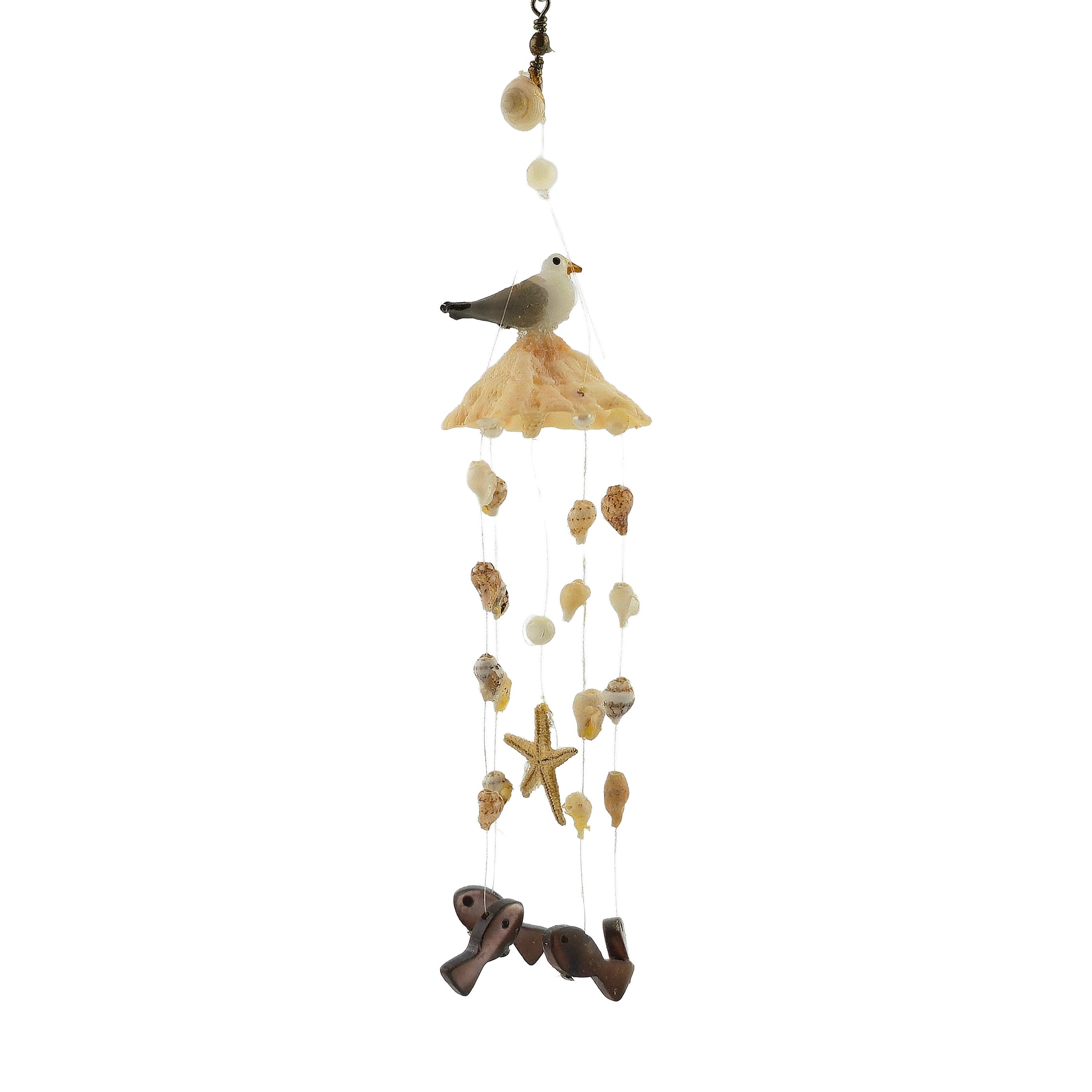 Miniature OOAK Coastal Shell Wind Chime with Glass Seagull & Wooden Fish