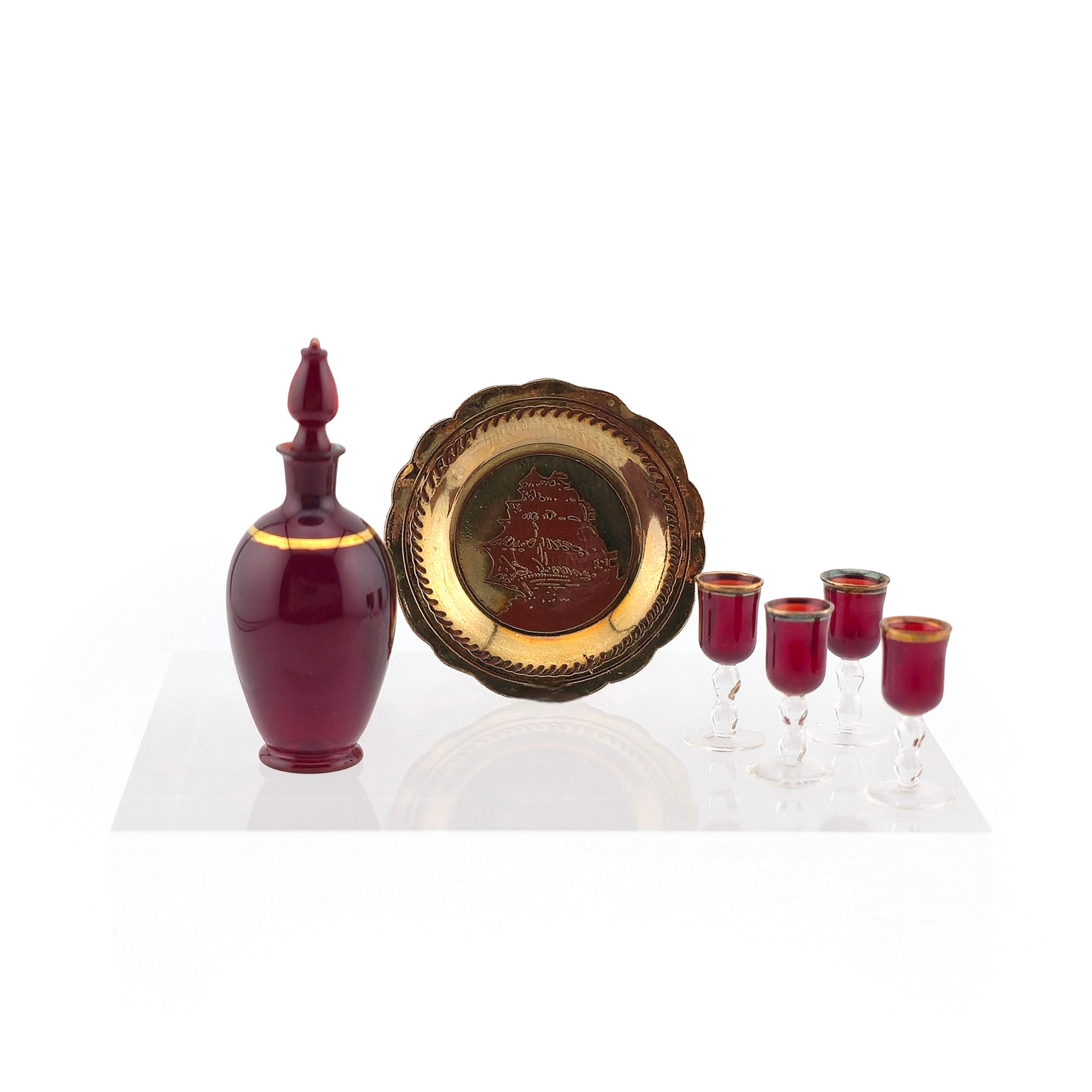 Miniature Francis Whittemore Ruby Glass Decanter Set with Brass Sailing Tray