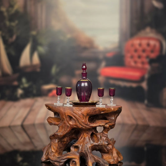 Miniature Francis Whittemore Ruby Glass Decanter Set with Brass Sailing Tray