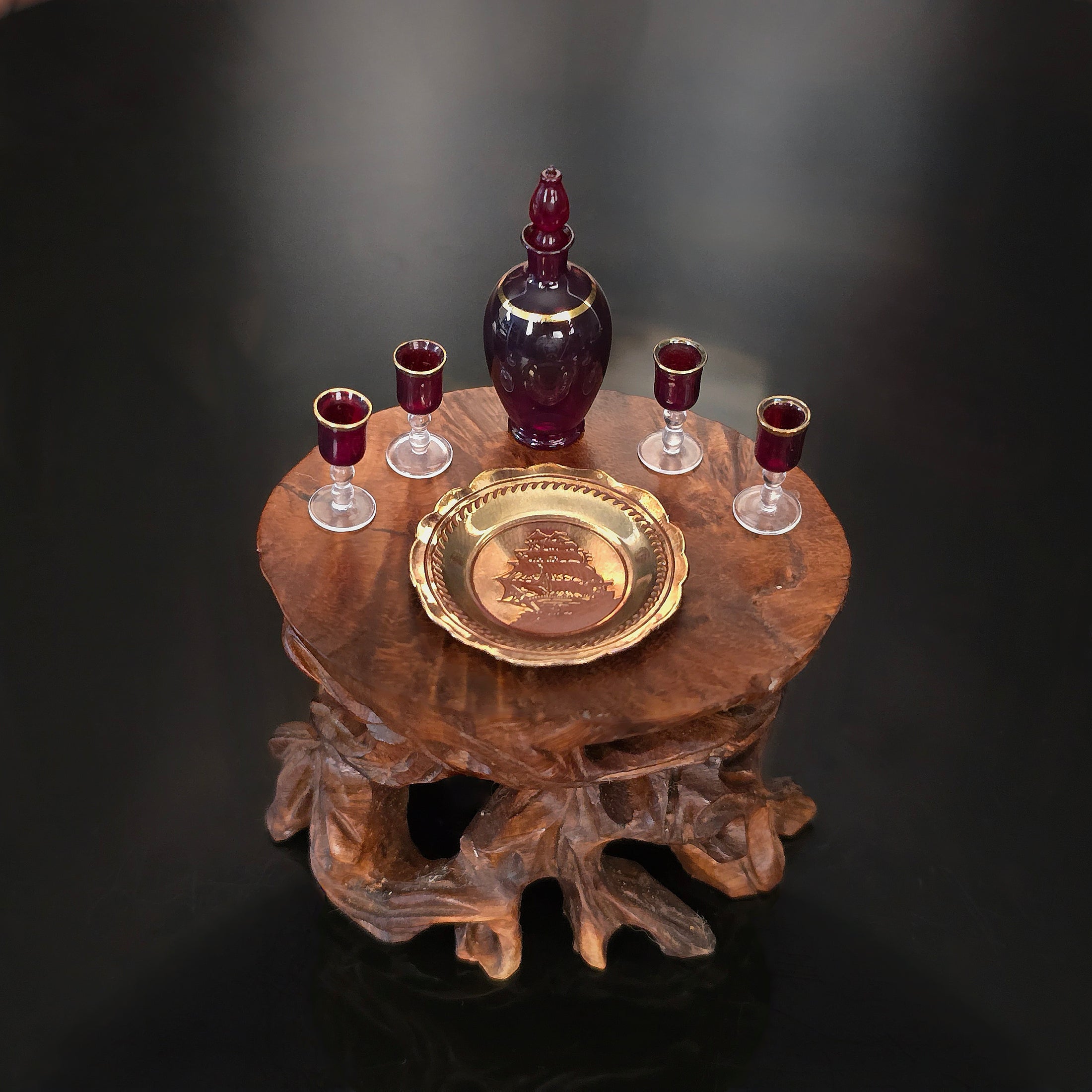 Miniature Francis Whittemore Ruby Glass Decanter Set with Brass Sailing Tray