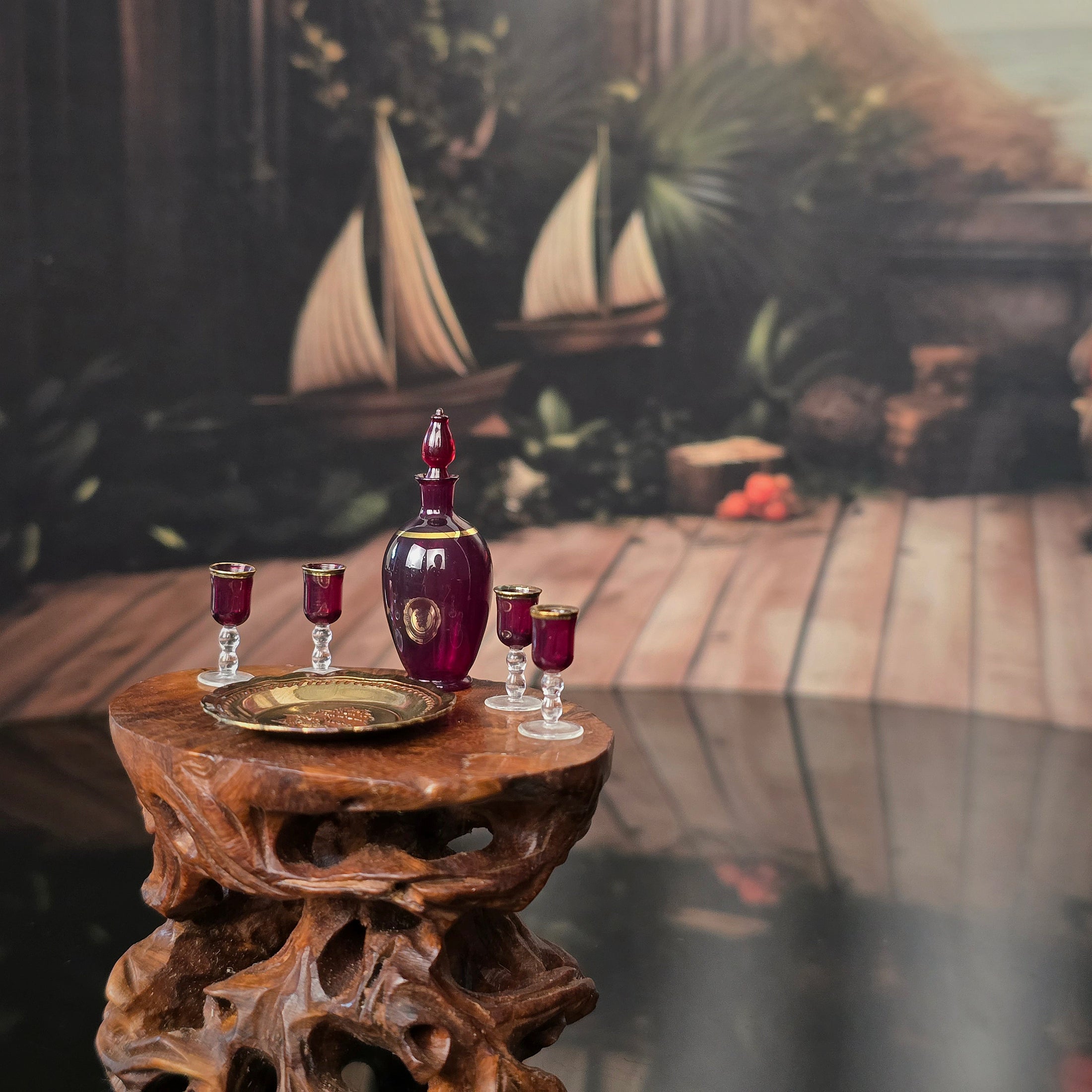 Miniature Francis Whittemore Ruby Glass Decanter Set with Brass Sailing Tray